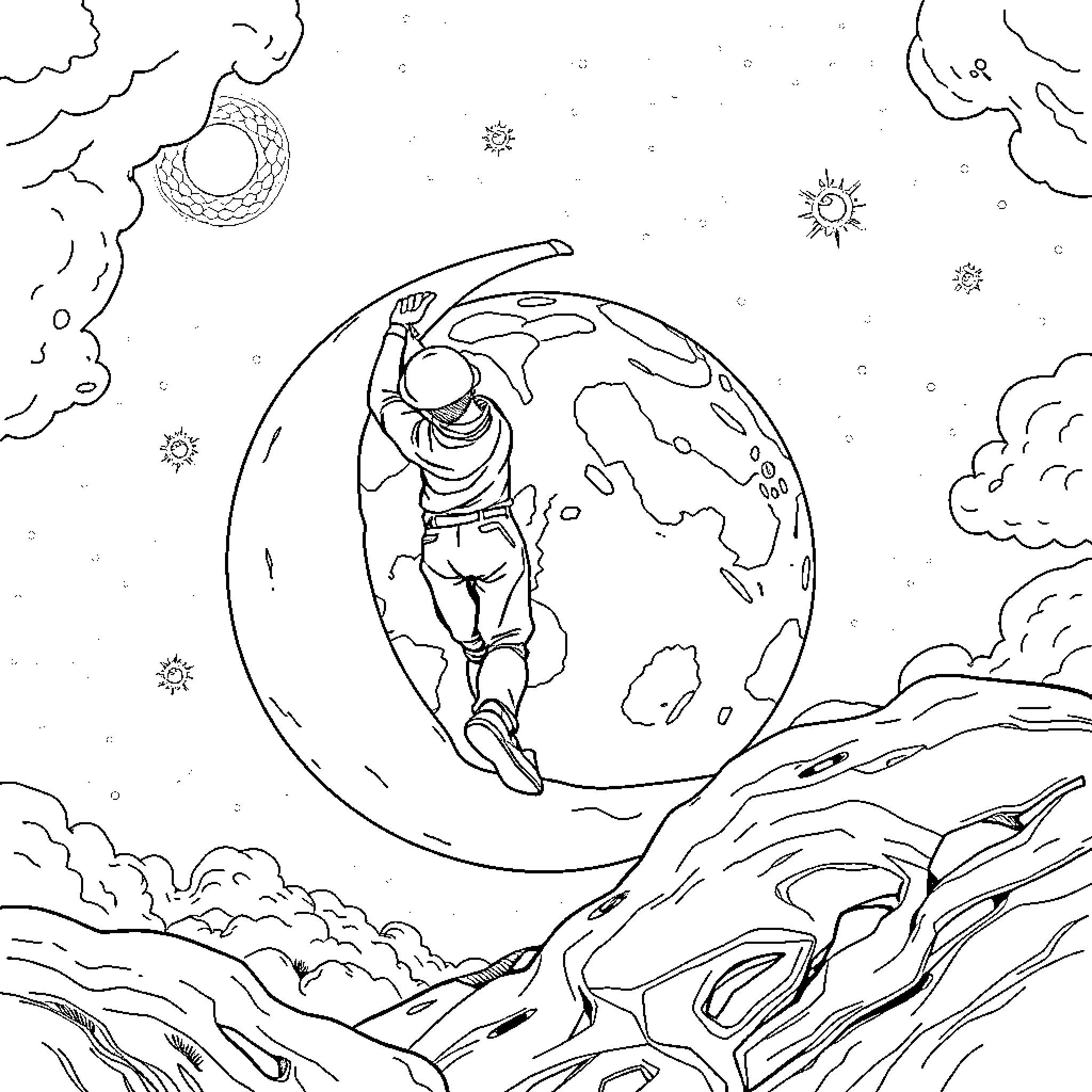 Golfplayer exploring cosmic landscapes Coloring Page (free black-and-white line drawing printable PDF for all, from beginners to advanced learners, including children, teens, adults, and seniors)