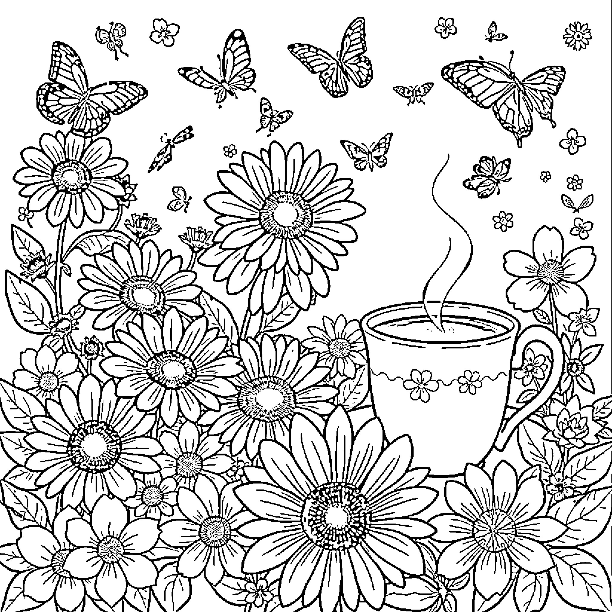 Flower garden with butterflies and a cup of tea Coloring Page (free black-and-white line drawing printable PDF for all, from beginners to advanced learners, including children, teens, adults, and seniors)