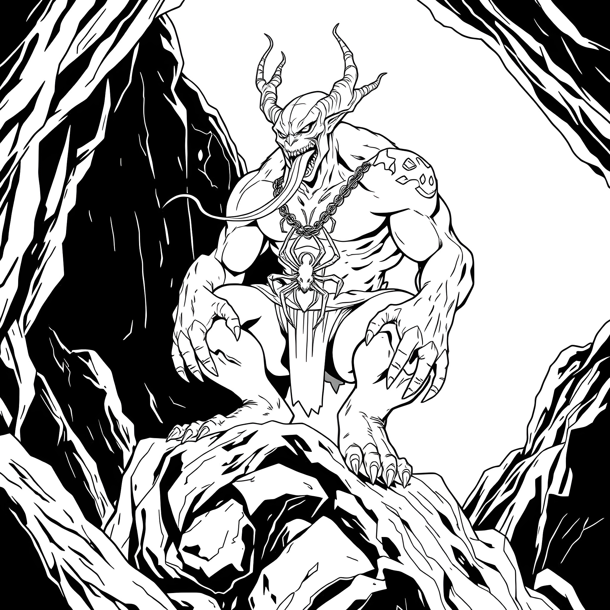 Hulk-like Demonic Creature Wielding Powerful Sword Coloring Page (free black-and-white line drawing printable PDF for all, from beginners to advanced learners, including children, teens, adults, and seniors)