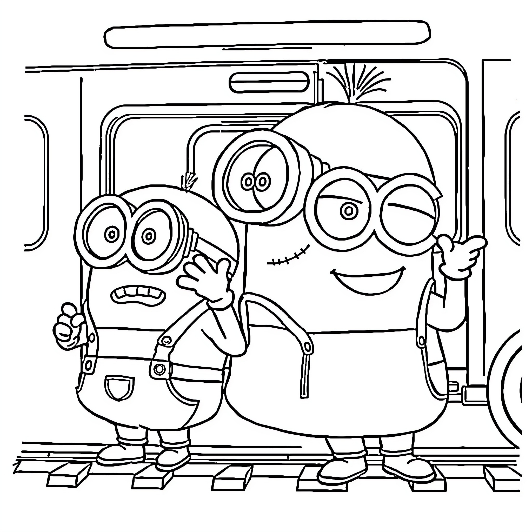 Minions standing in a vehicle Coloring Page (free black-and-white line drawing printable PDF for all, from beginners to advanced learners, including children, teens, adults, and seniors)