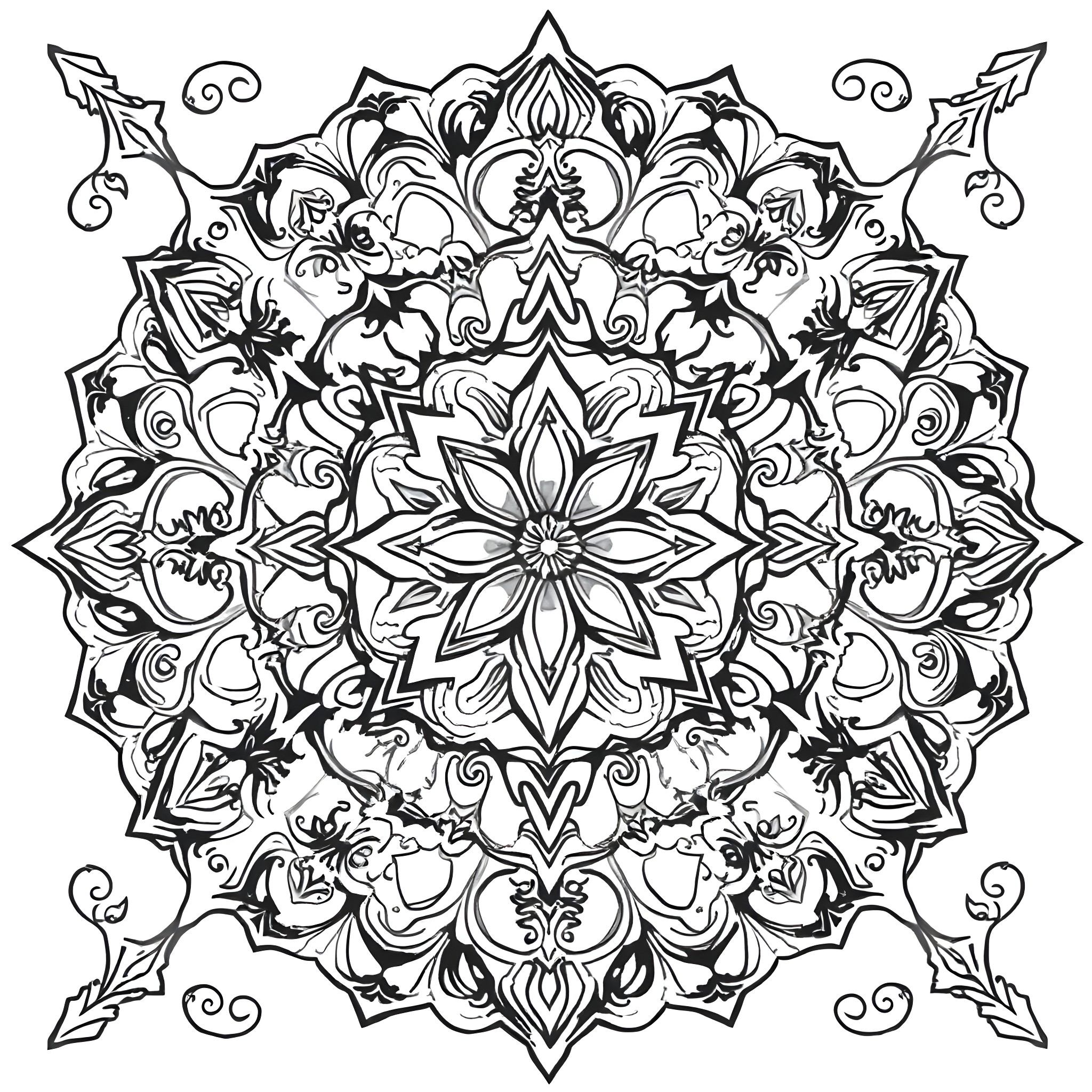 Mosaic of Intricate Floral Patterns Coloring Page (free black-and-white line drawing printable PDF for all, from beginners to advanced learners, including children, teens, adults, and seniors)