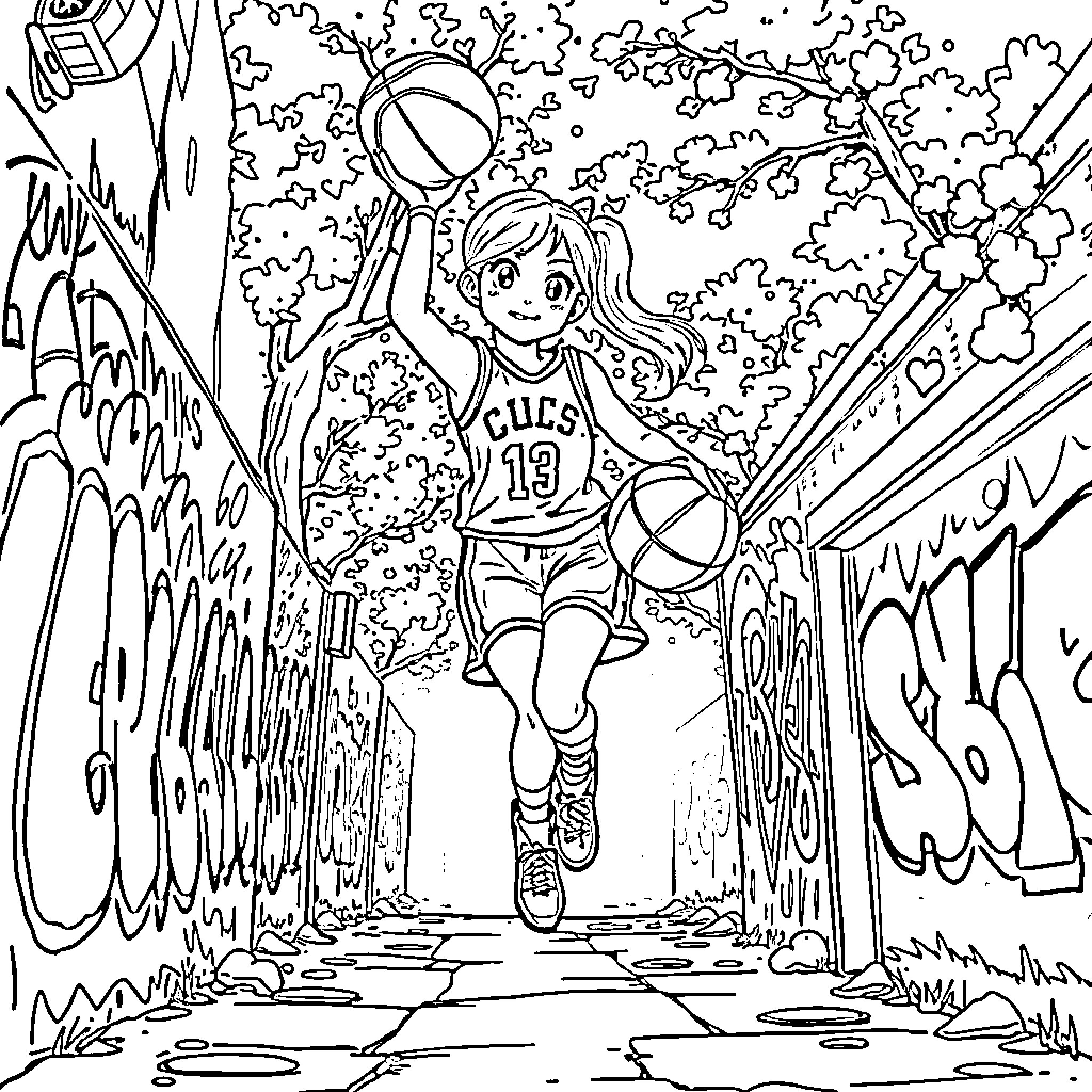 Girl playing basketball on a street court Coloring Page (free black-and-white line drawing printable PDF for all, from beginners to advanced learners, including children, teens, adults, and seniors)
