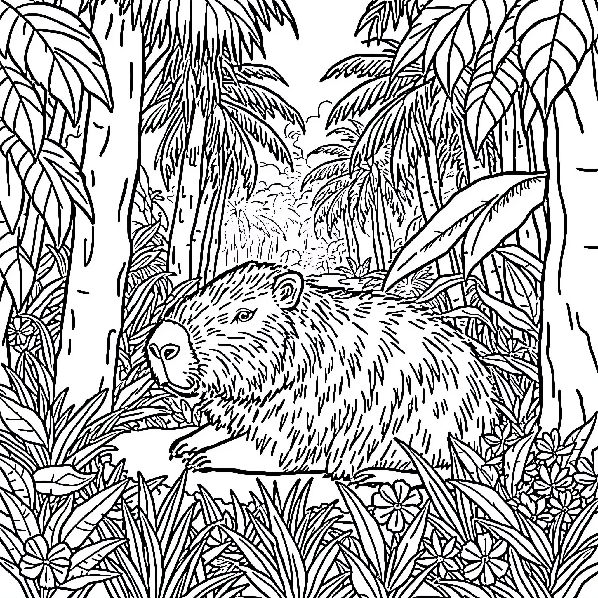 Capybara exploring the lush jungle landscape Coloring Page (free black-and-white line drawing printable PDF for all, from beginners to advanced learners, including children, teens, adults, and seniors)