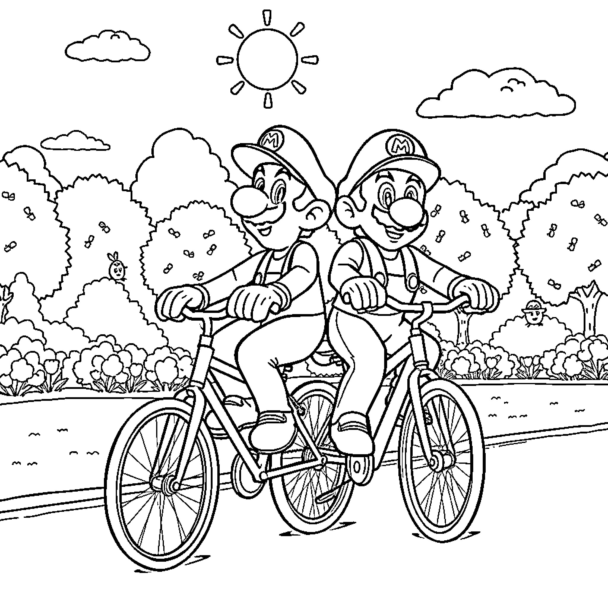Mario Brothers Riding Bicycles in Outdoor Nature Scene Coloring Page (free black-and-white line drawing printable PDF for all, from beginners to advanced learners, including children, teens, adults, and seniors)