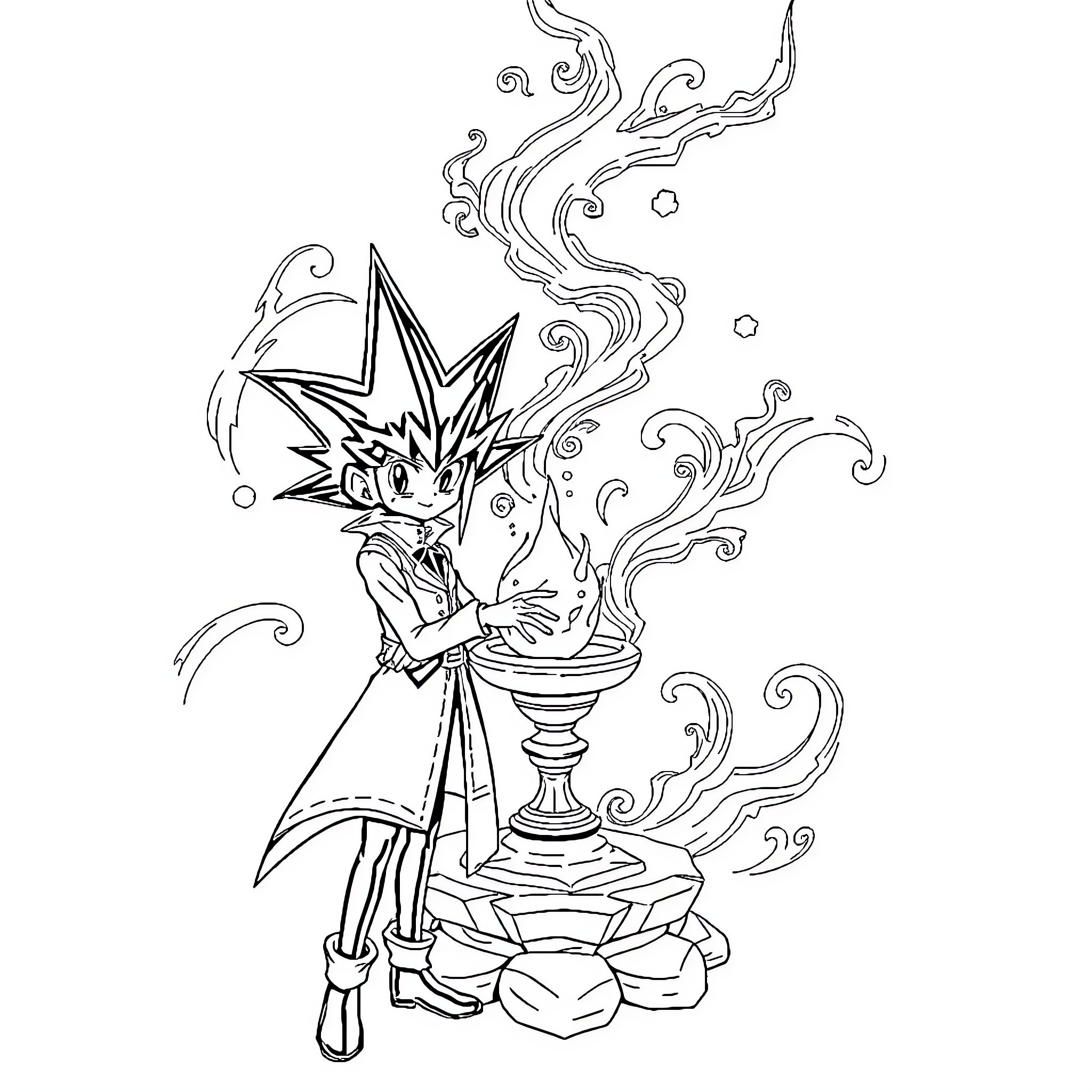 Yugiho character using magical powers Coloring Page (free black-and-white line drawing printable PDF for all, from beginners to advanced learners, including children, teens, adults, and seniors)