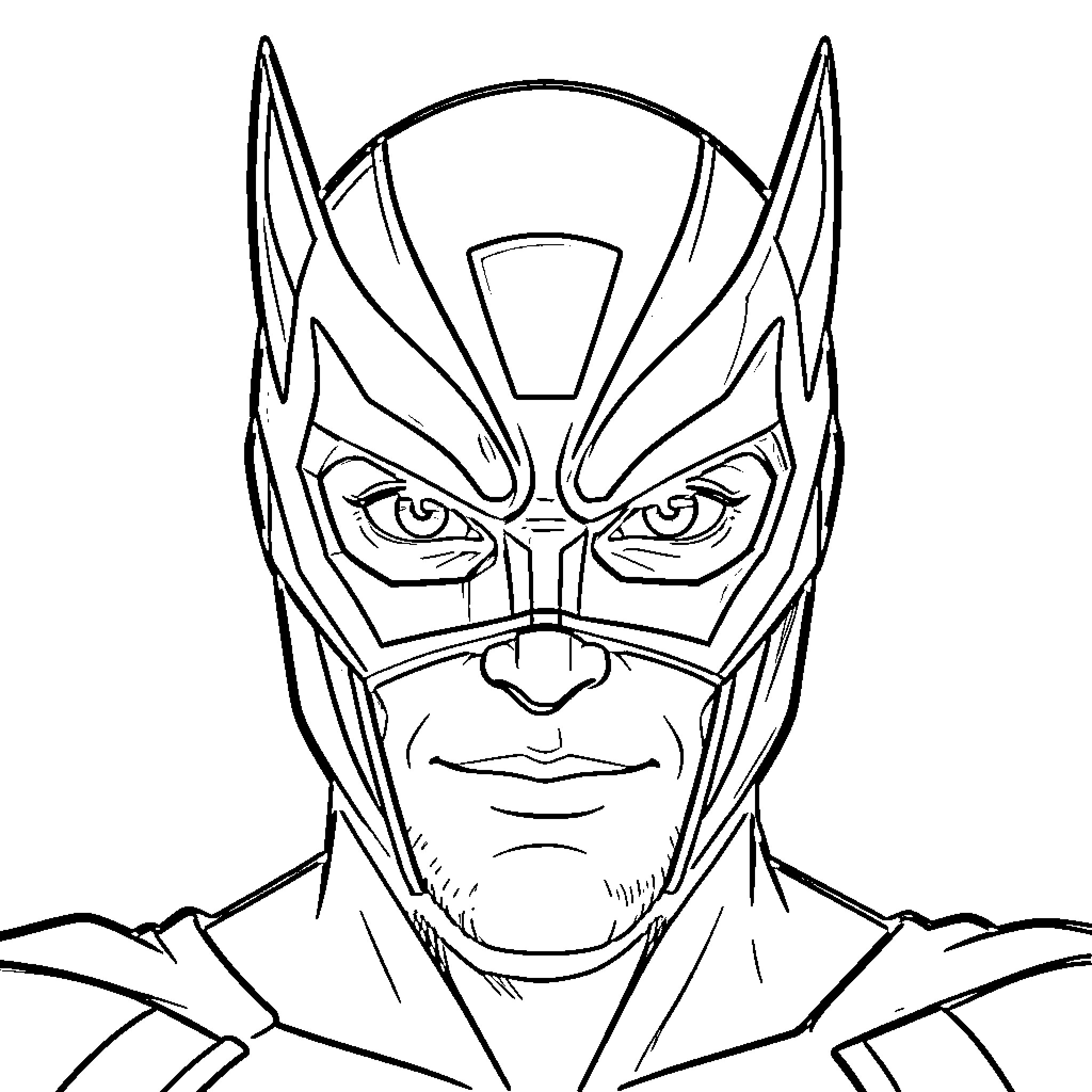 Superhero Mask with Intense Gaze and Heroic Stance Coloring Page (free black-and-white line drawing printable PDF for all, from beginners to advanced learners, including children, teens, adults, and seniors)