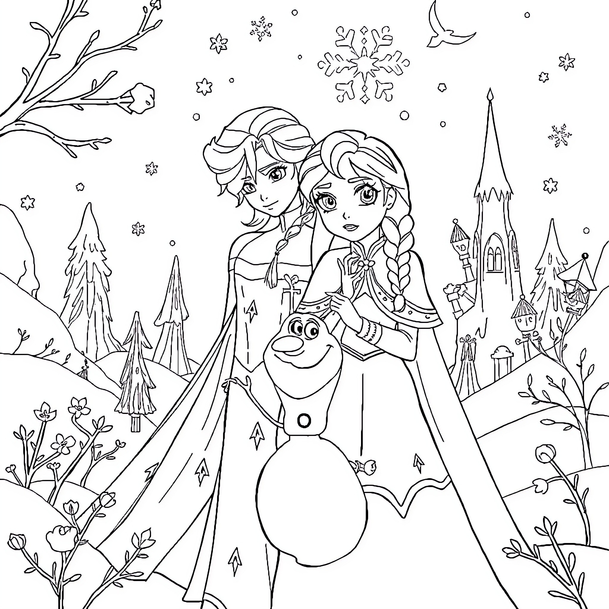 Snow Queen and her sister with Olaf in winter wonderland Coloring Page (free black-and-white line drawing printable PDF for all, from beginners to advanced learners, including children, teens, adults, and seniors)