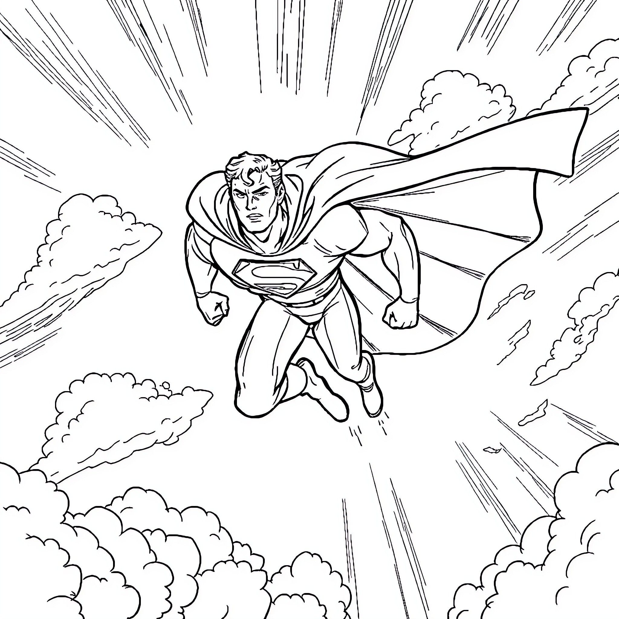 Supercat heroically soaring through the sky Coloring Page (free black-and-white line drawing printable PDF for all, from beginners to advanced learners, including children, teens, adults, and seniors)