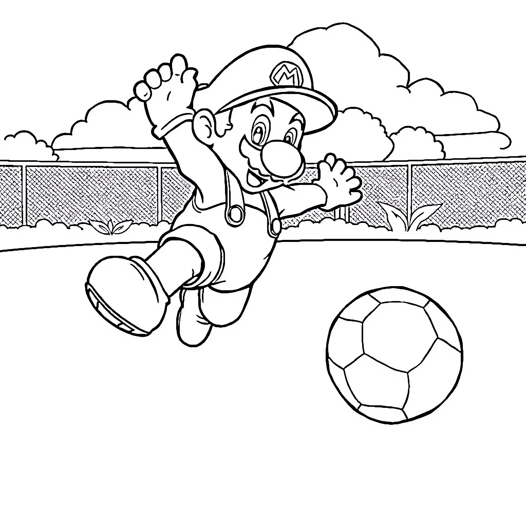 Mario jumping joyfully with a soccer ball Coloring Page (free black-and-white line drawing printable PDF for all, from beginners to advanced learners, including children, teens, adults, and seniors)