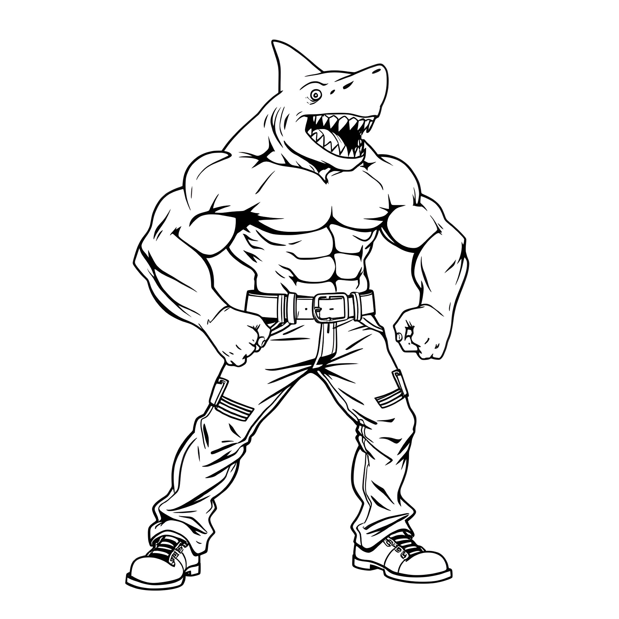 Shark Superhero with Muscular Body and Fierce Expression Coloring Page (free black-and-white line drawing printable PDF for all, from beginners to advanced learners, including children, teens, adults, and seniors)