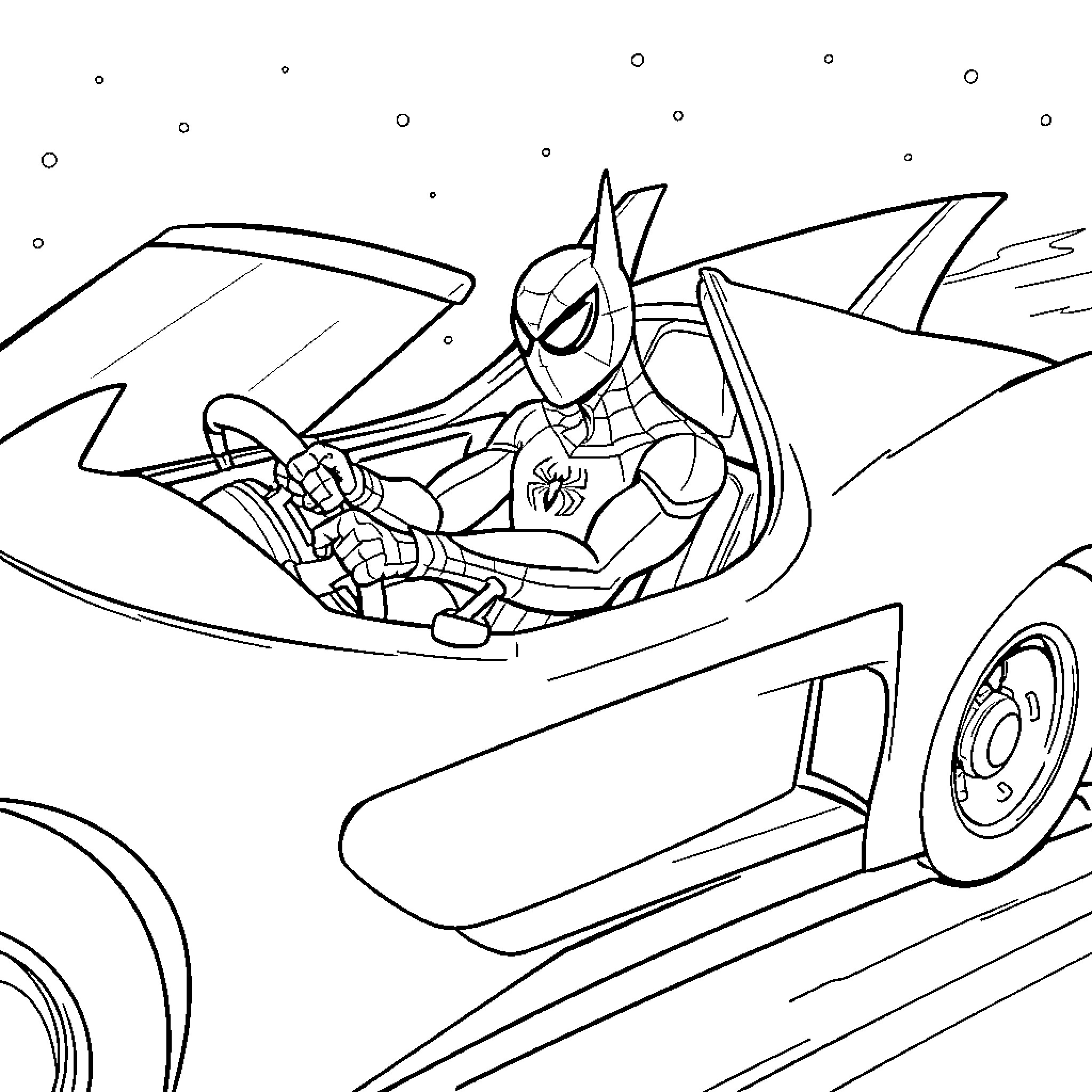 Spider-Man riding in high-tech vehicle Coloring Page (free black-and-white line drawing printable PDF for all, from beginners to advanced learners, including children, teens, adults, and seniors)