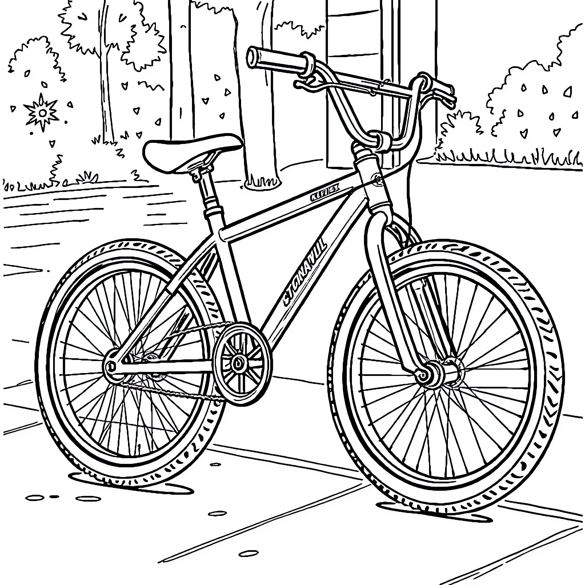 BMX bicycle in outdoor setting Coloring Page (free black-and-white line drawing printable PDF for all, from beginners to advanced learners, including children, teens, adults, and seniors)