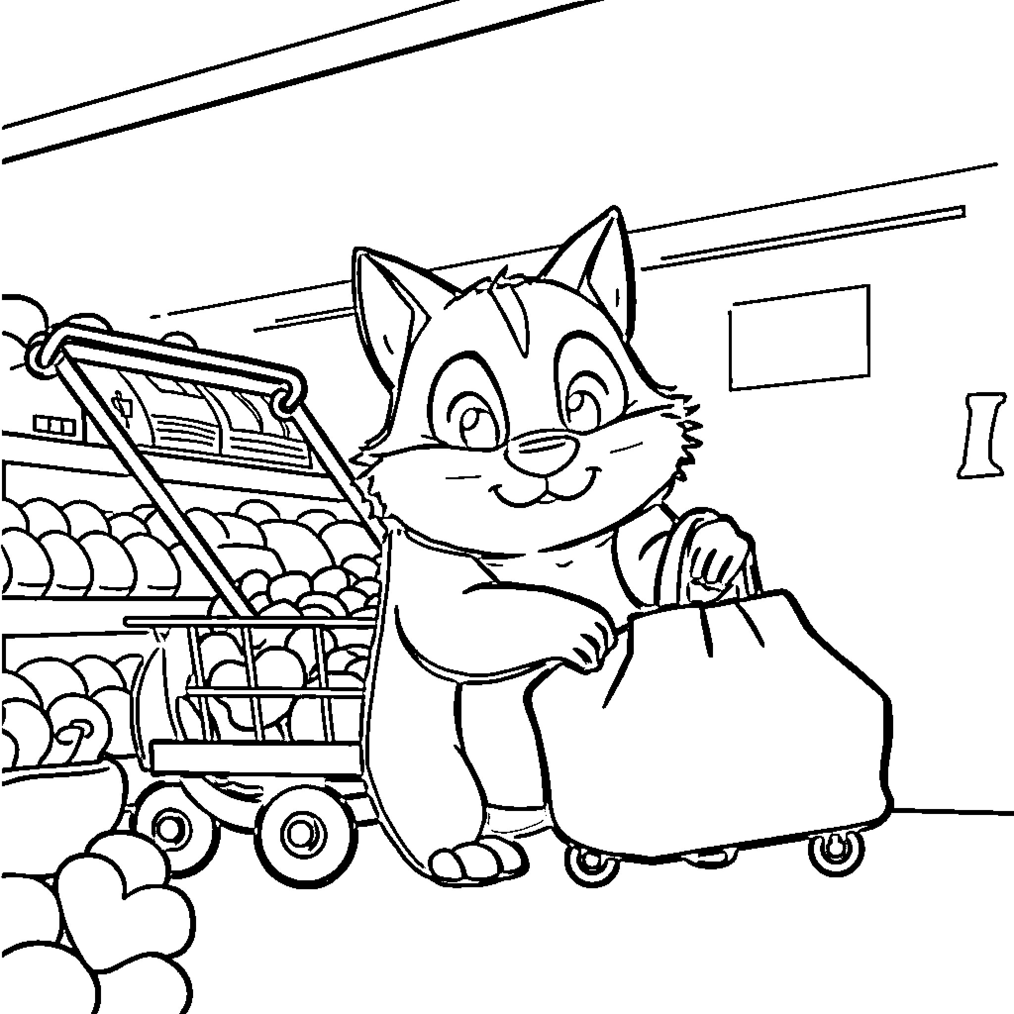 Perrito shopping at the grocery store Coloring Page (free black-and-white line drawing printable PDF for all, from beginners to advanced learners, including children, teens, adults, and seniors)
