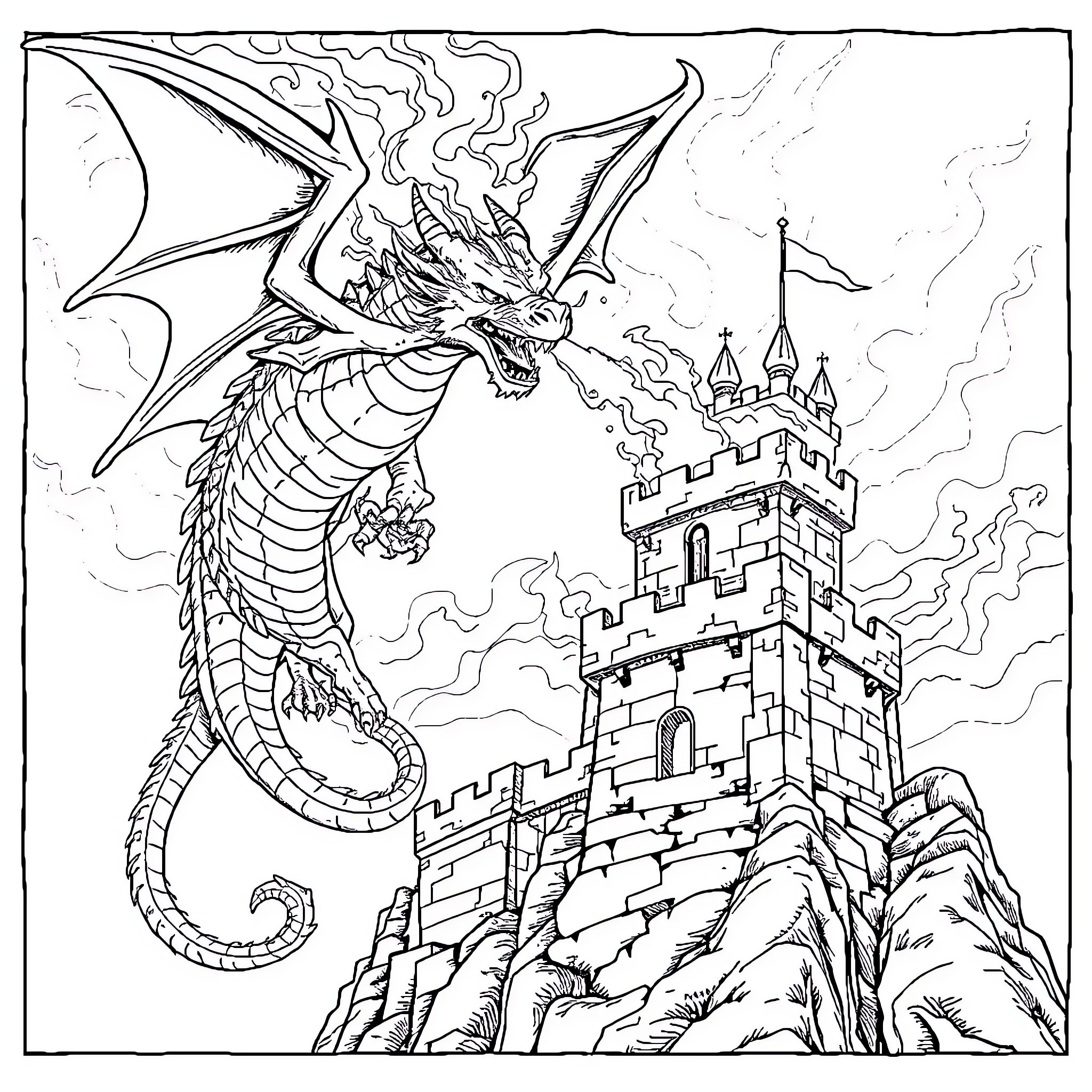 Dragon attacking a medieval castle Coloring Page (free black-and-white line drawing printable PDF for all, from beginners to advanced learners, including children, teens, adults, and seniors)