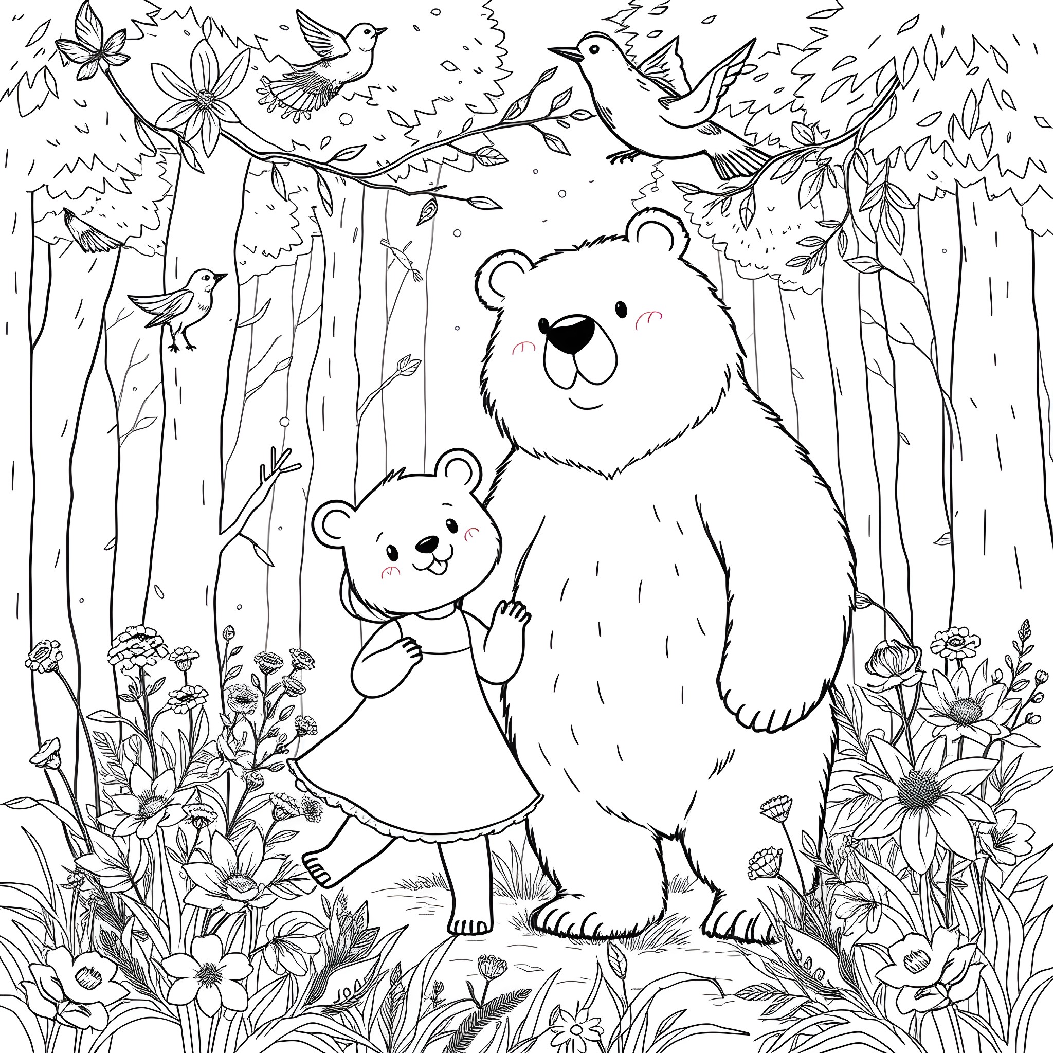 Bear and cubs enjoying nature with birds Coloring Page (free black-and-white line drawing printable PDF for all, from beginners to advanced learners, including children, teens, adults, and seniors)