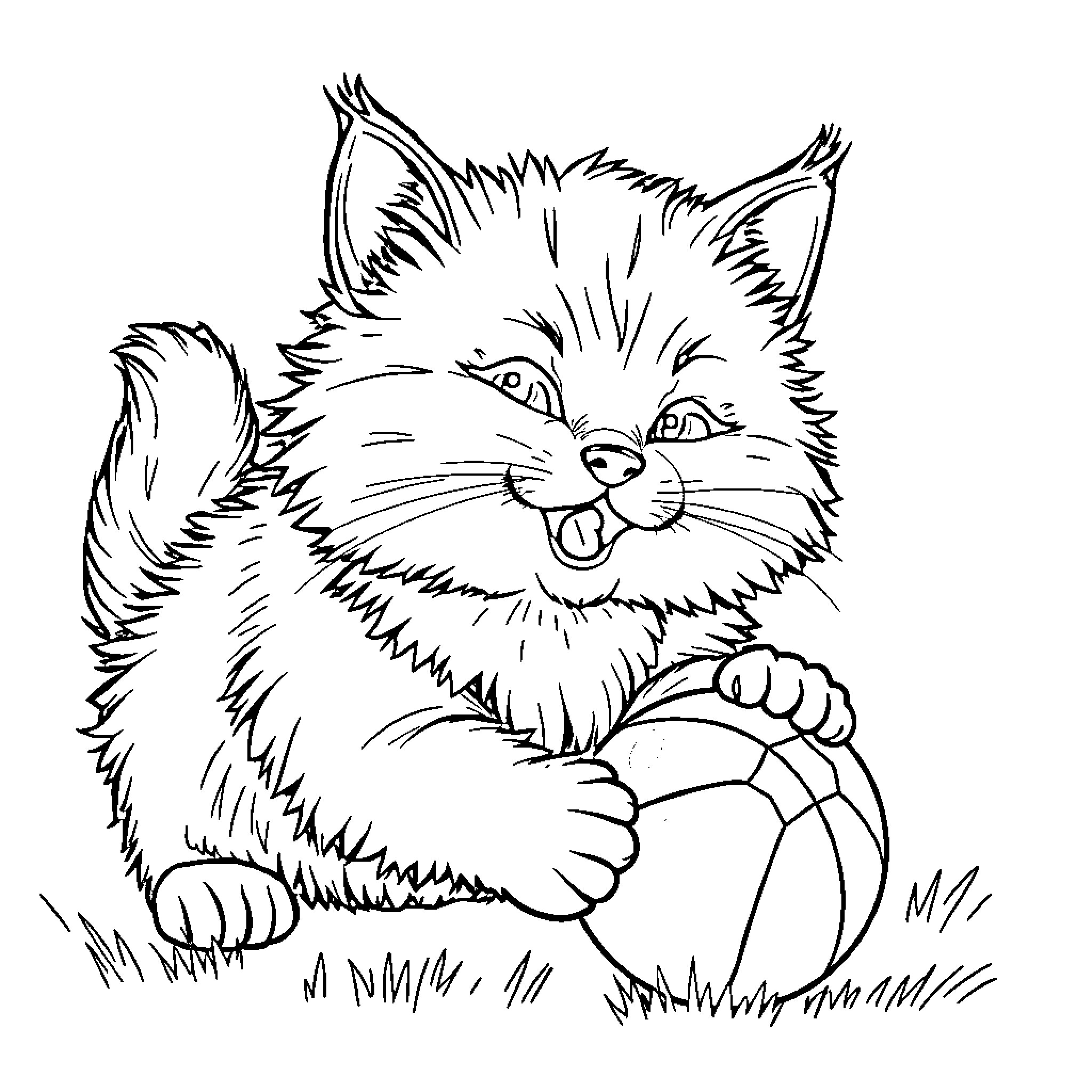 Cat playing with ball of yarn Coloring Page (free black-and-white line drawing printable PDF for all, from beginners to advanced learners, including children, teens, adults, and seniors)