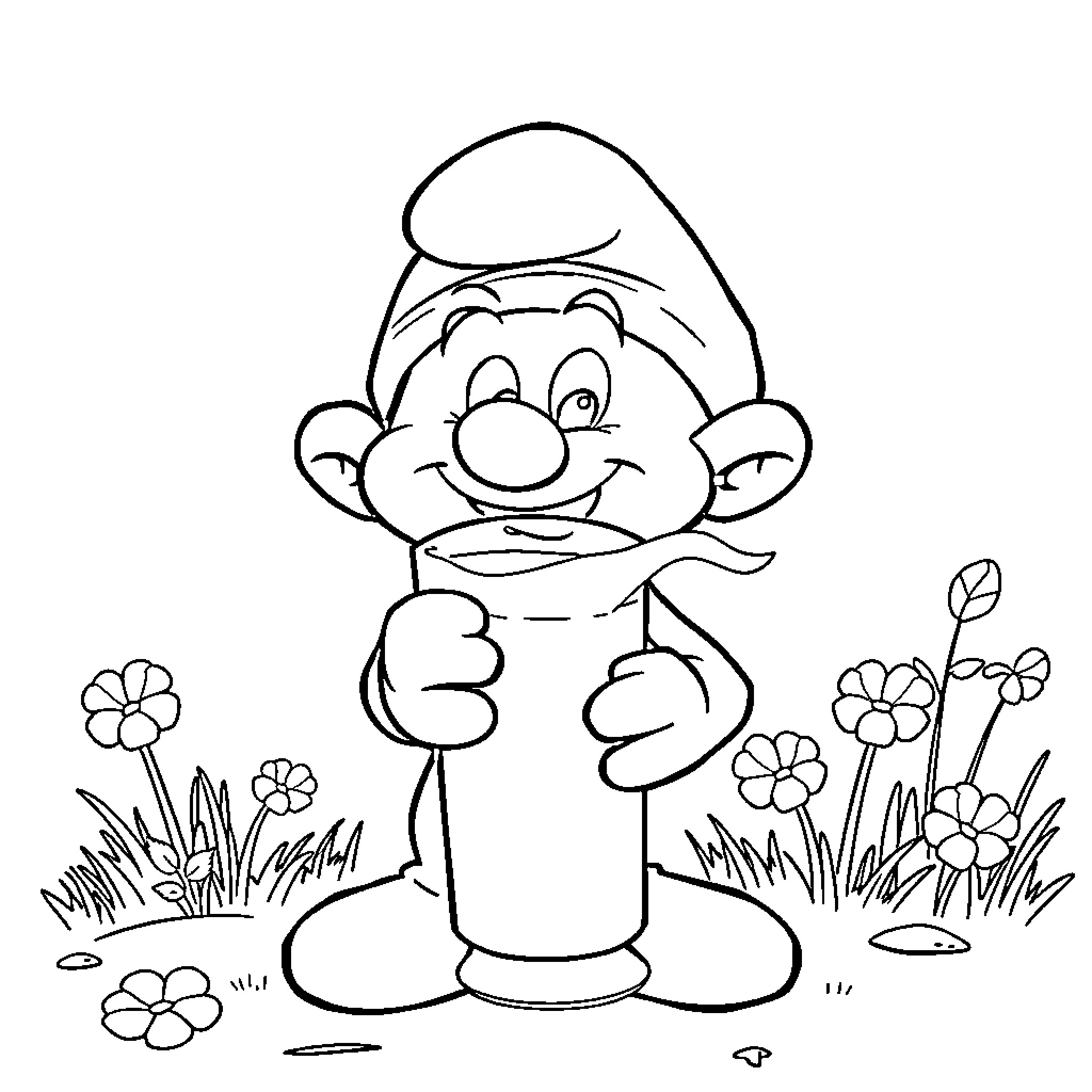 Smurf happily standing in a floral garden Coloring Page (free black-and-white line drawing printable PDF for all, from beginners to advanced learners, including children, teens, adults, and seniors)