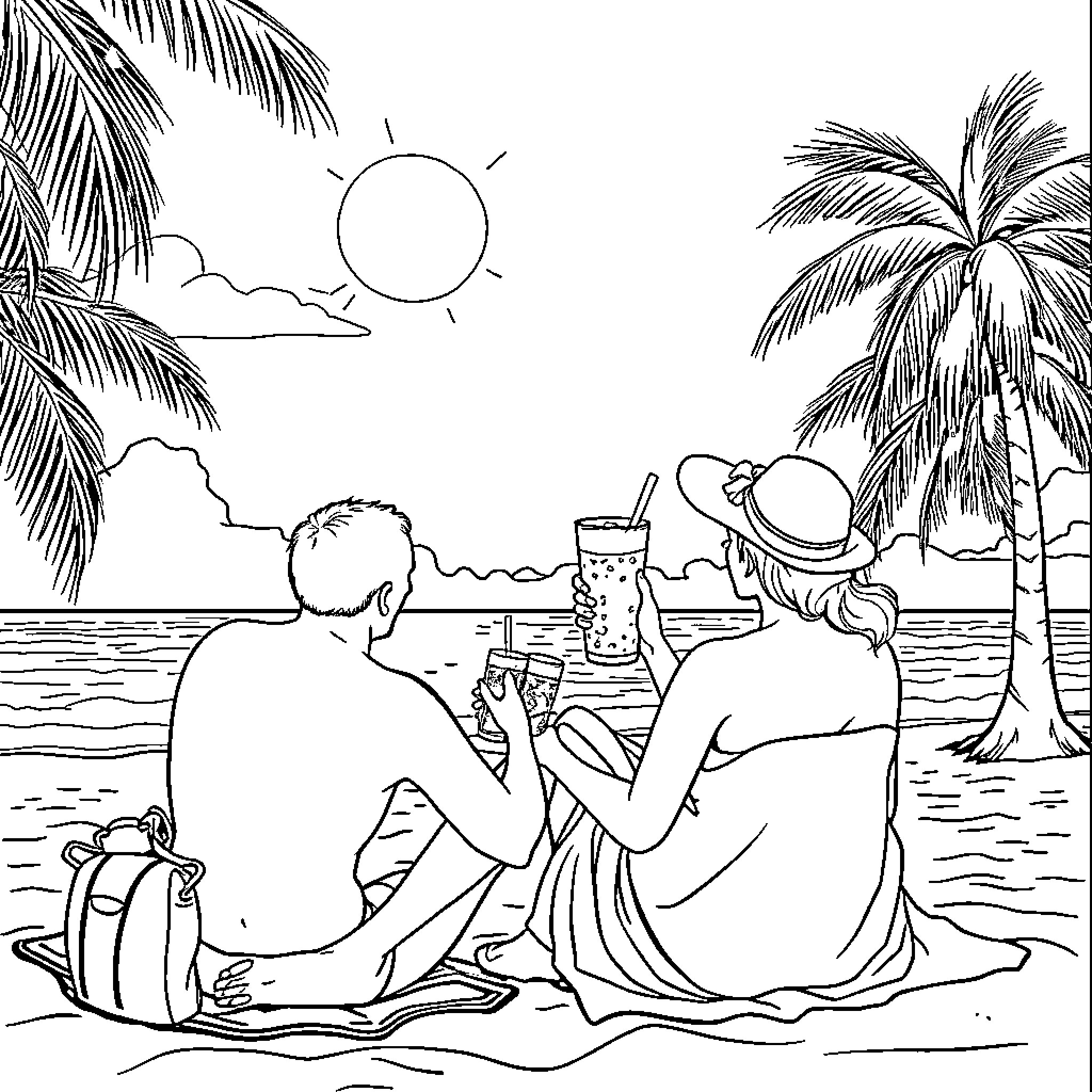 Couple enjoying tropical beach vacation Coloring Page (free black-and-white line drawing printable PDF for all, from beginners to advanced learners, including children, teens, adults, and seniors)