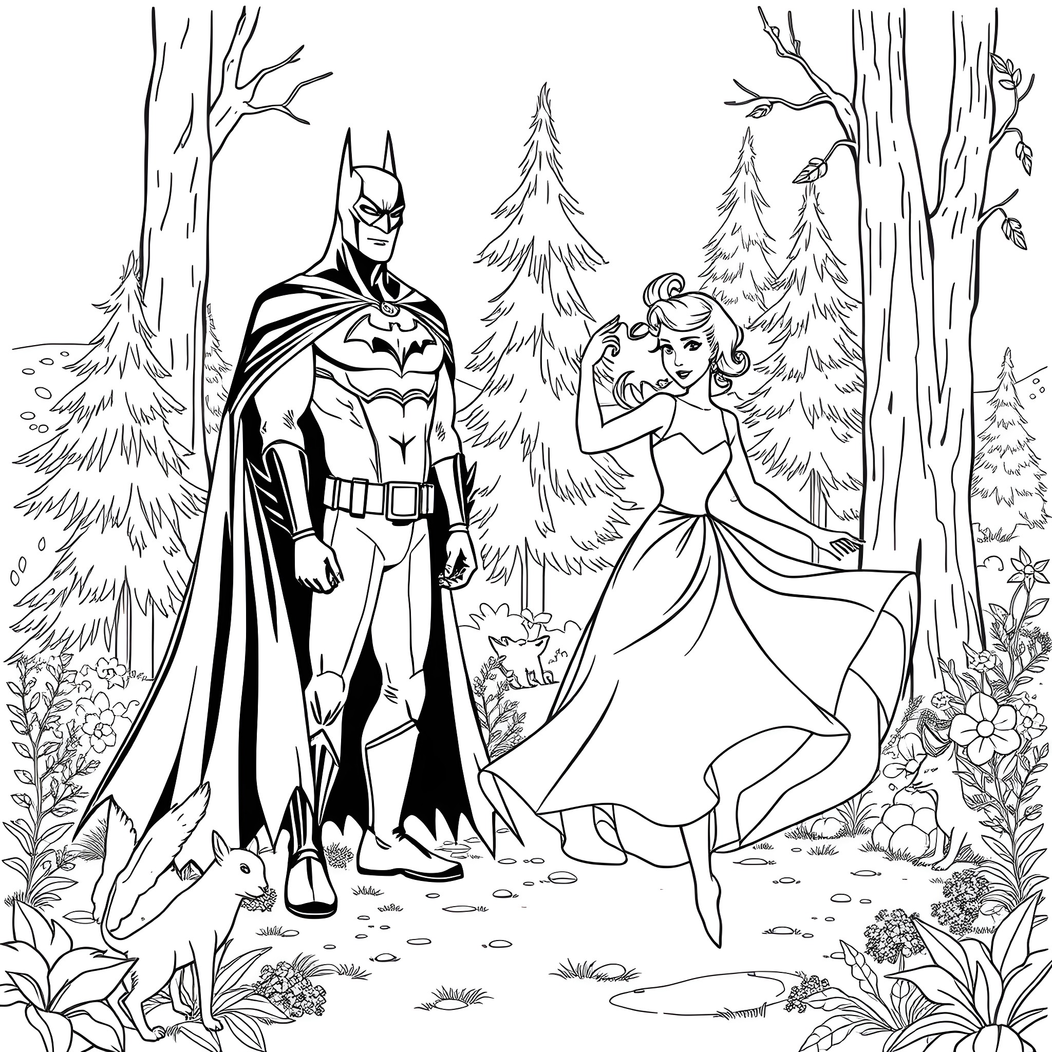 Snow White and Batman in a Magical Forest Coloring Page (free black-and-white line drawing printable PDF for all, from beginners to advanced learners, including children, teens, adults, and seniors)