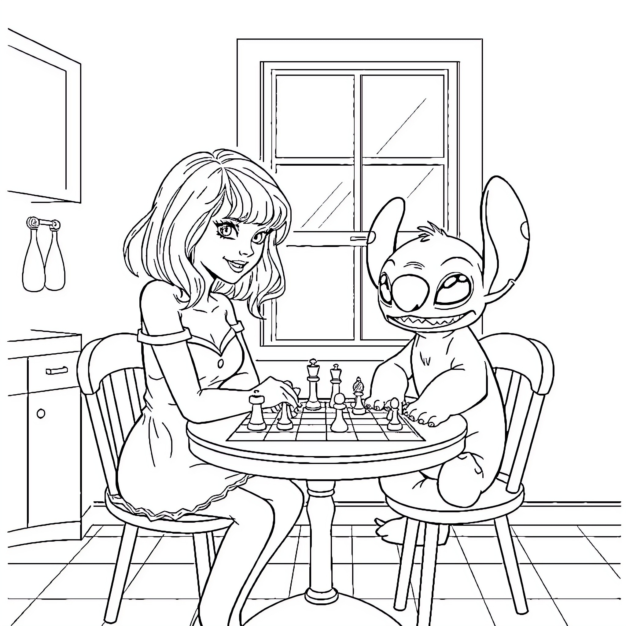 Taylor Swift playing chess with Stitch in cozy room Coloring Page (free black-and-white line drawing printable PDF for all, from beginners to advanced learners, including children, teens, adults, and seniors)