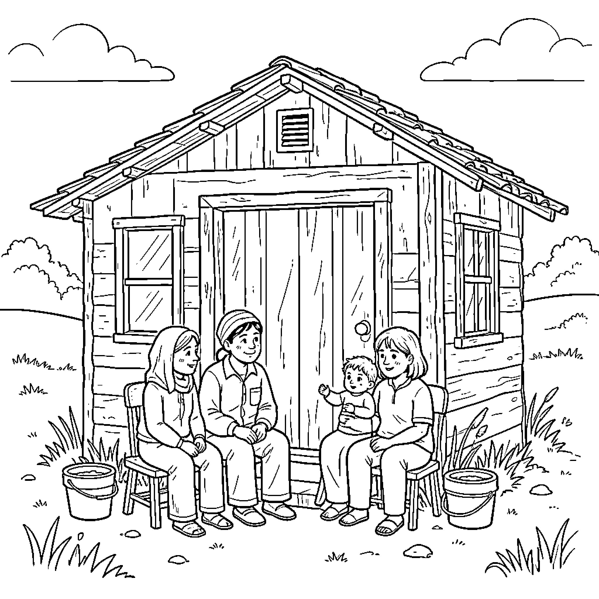Family Enjoying Time Together at Rustic Cabin Coloring Page (free black-and-white line drawing printable PDF for all, from beginners to advanced learners, including children, teens, adults, and seniors)