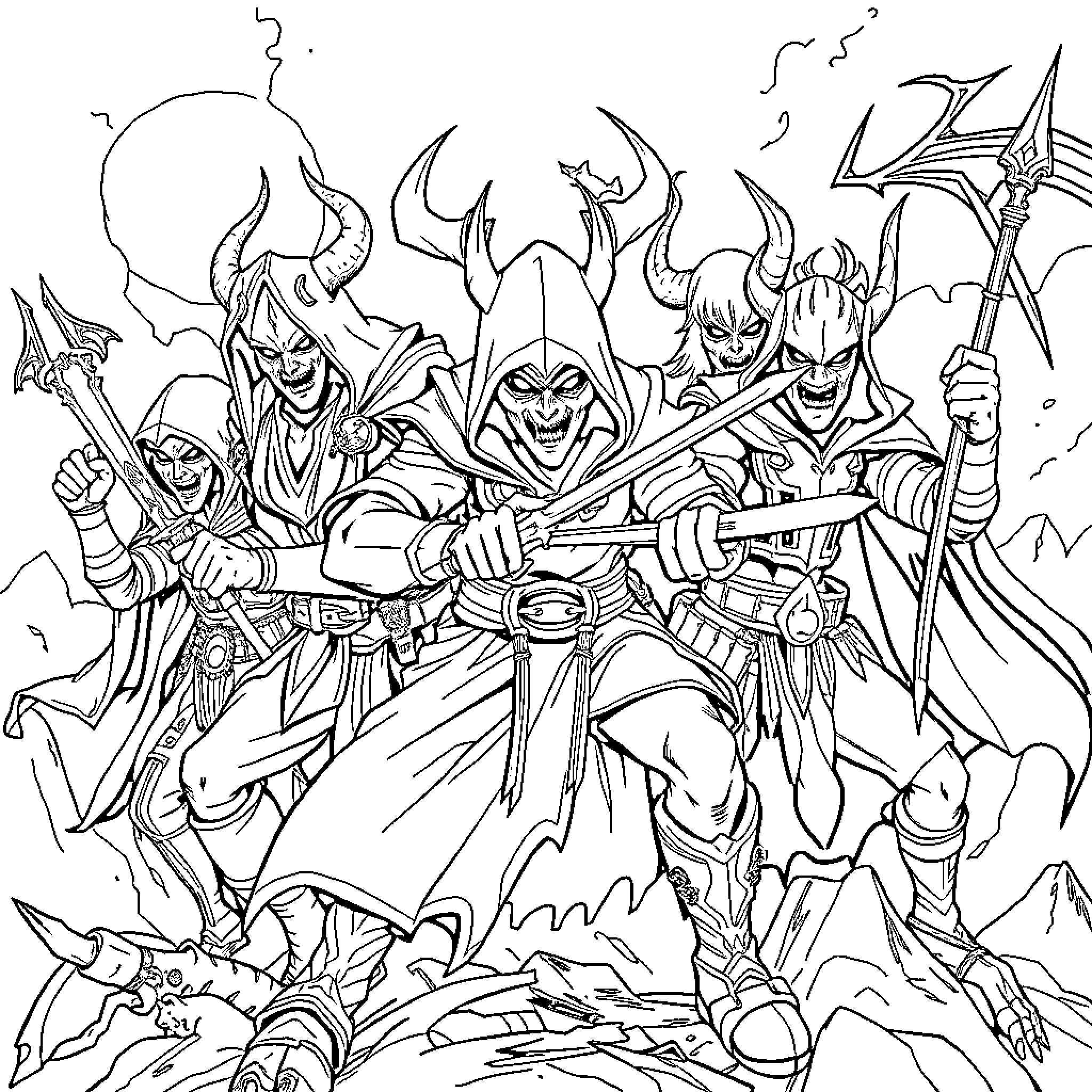Demon Hunter's Fierce Battle Against the Dark Forces Coloring Page (free black-and-white line drawing printable PDF for all, from beginners to advanced learners, including children, teens, adults, and seniors)
