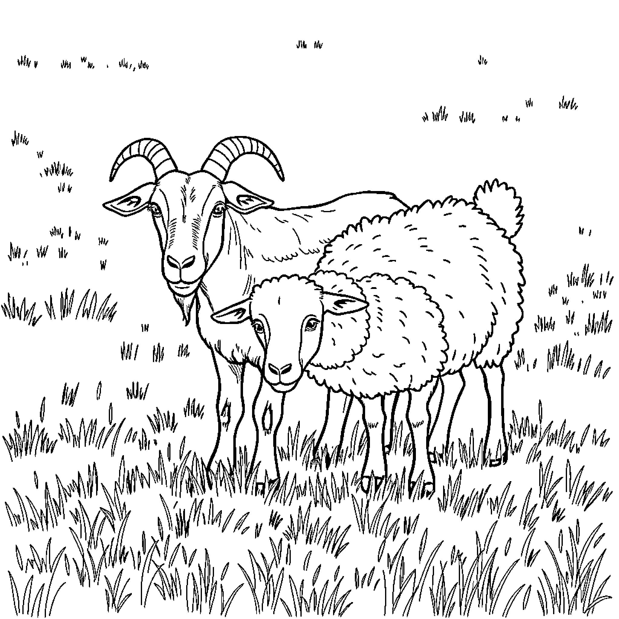 Goat couple roaming in grassy field Coloring Page (free black-and-white line drawing printable PDF for all, from beginners to advanced learners, including children, teens, adults, and seniors)