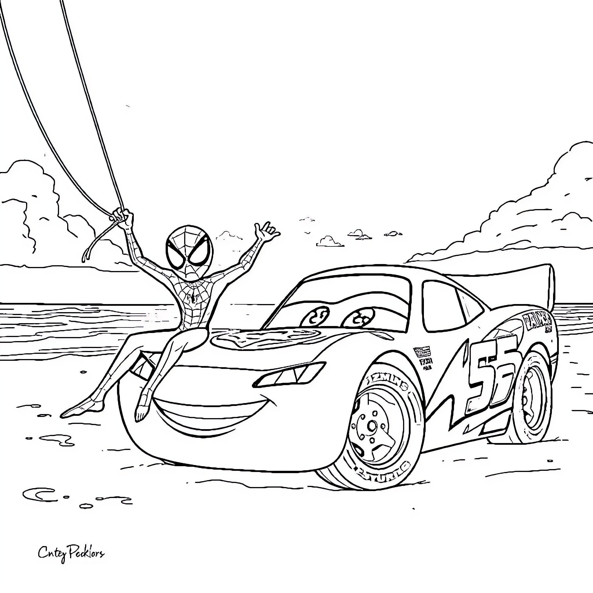Spidey's Automotive Adventure Coloring Page (free black-and-white line drawing printable PDF for all, from beginners to advanced learners, including children, teens, adults, and seniors)