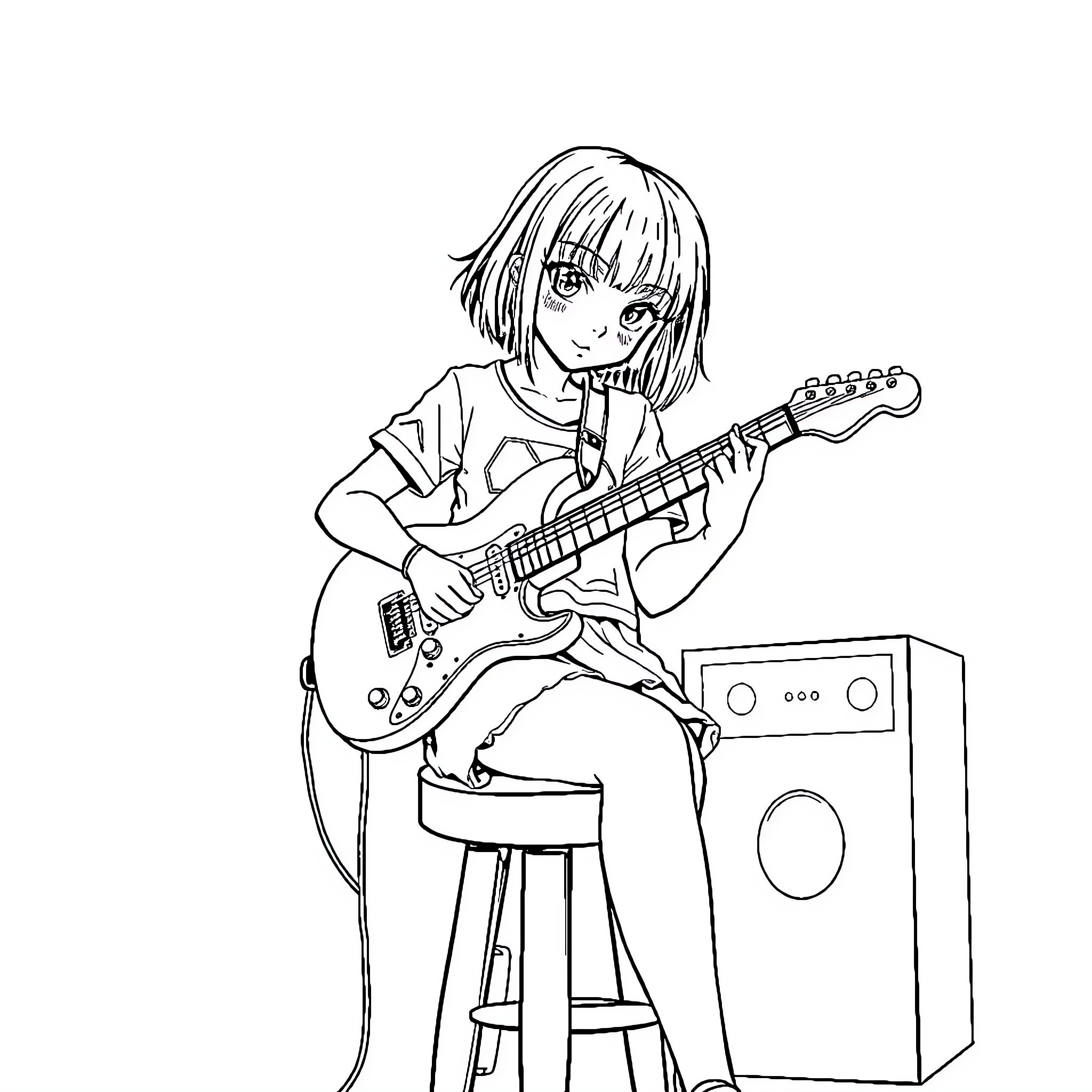 Girl playing electric guitar on stage Coloring Page (free black-and-white line drawing printable PDF for all, from beginners to advanced learners, including children, teens, adults, and seniors)