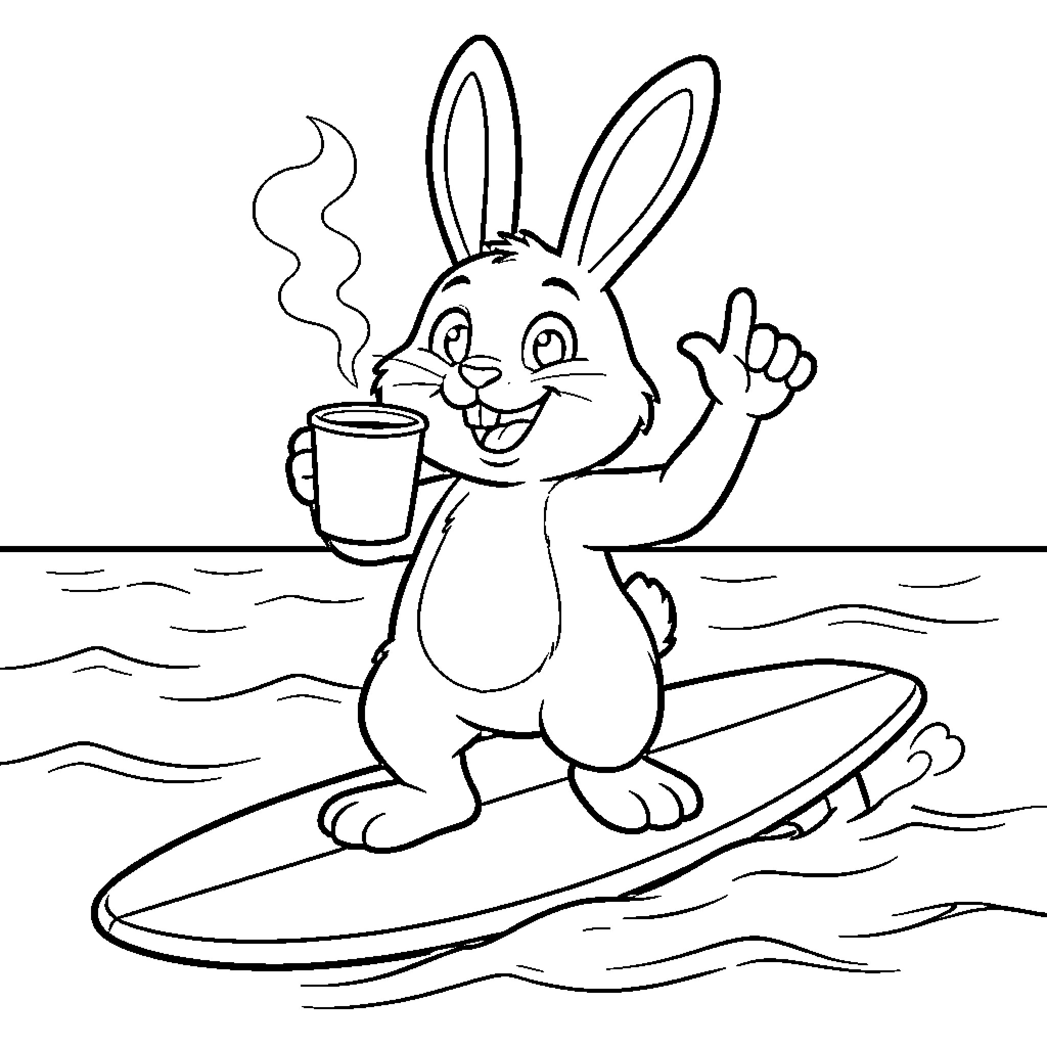 Easter Bunny surfing with a hot drink Coloring Page (free black-and-white line drawing printable PDF for all, from beginners to advanced learners, including children, teens, adults, and seniors)