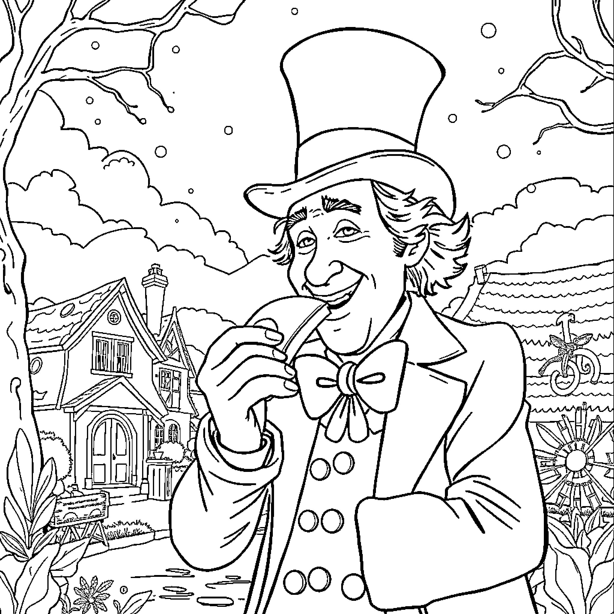 Willy Wonka's Whimsical Winter Wonderland Coloring Page (free black-and-white line drawing printable PDF for all, from beginners to advanced learners, including children, teens, adults, and seniors)