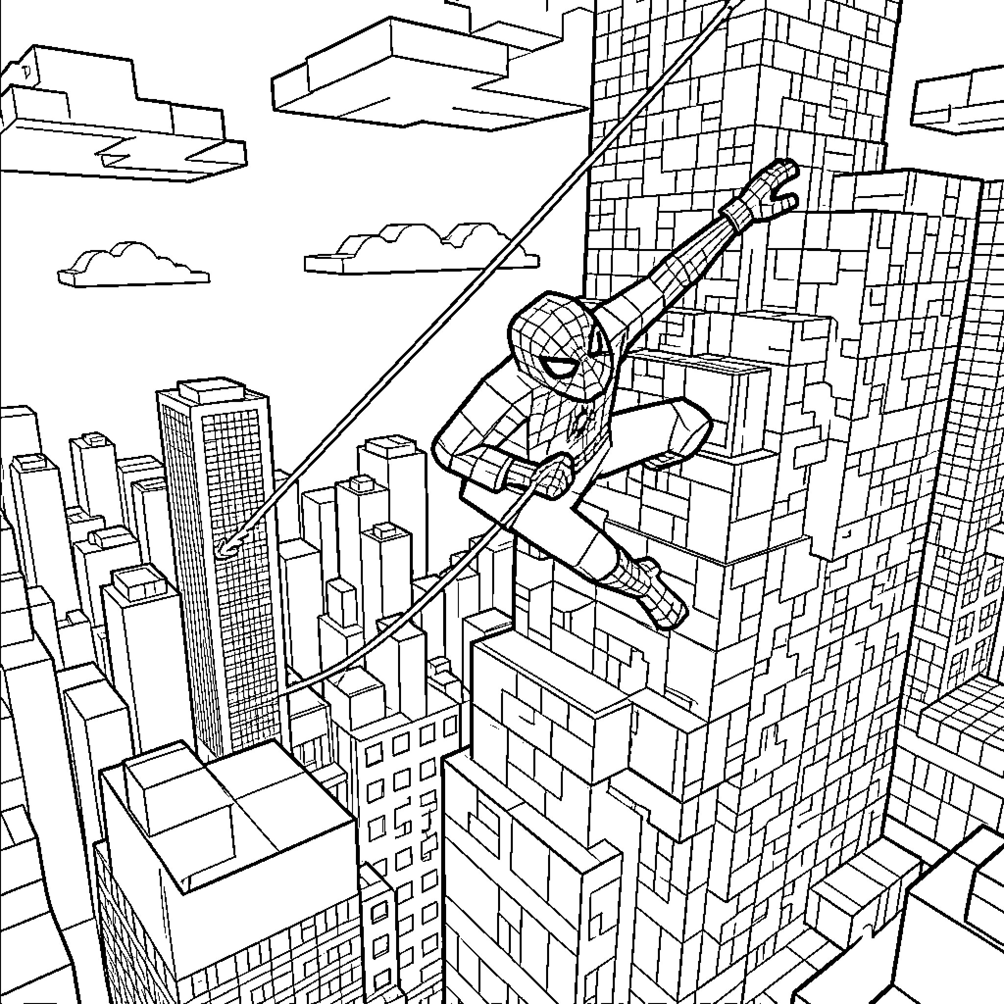 Spiderman swinging between tall city skyscrapers Coloring Page (free black-and-white line drawing printable PDF for all, from beginners to advanced learners, including children, teens, adults, and seniors)