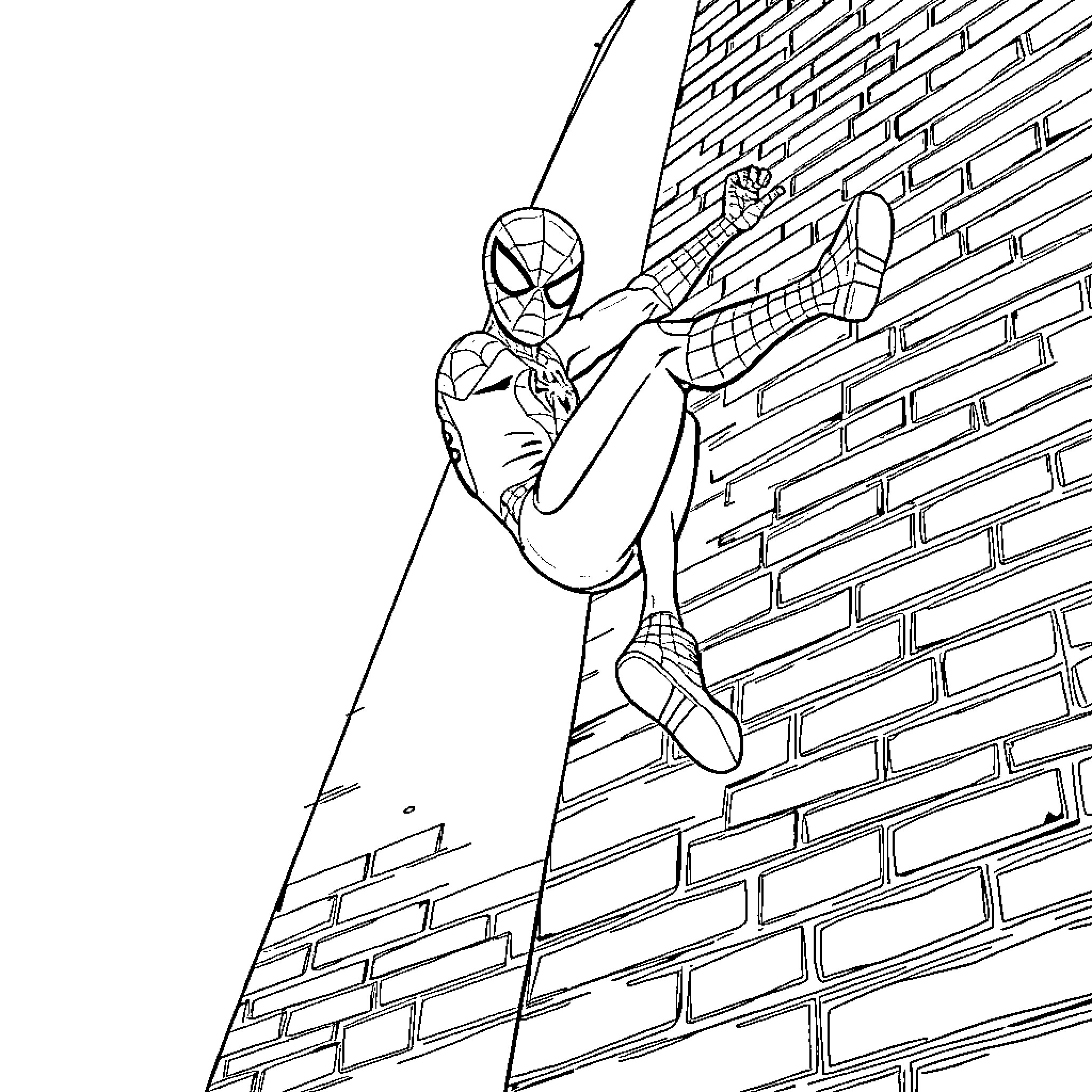 Spider-Man scaling a brick wall Coloring Page (free black-and-white line drawing printable PDF for all, from beginners to advanced learners, including children, teens, adults, and seniors)