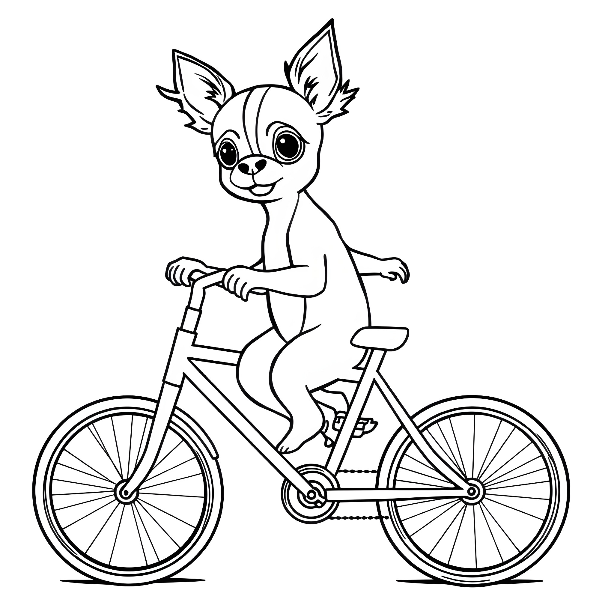 Chihuahua riding a bicycle happily Coloring Page (free black-and-white line drawing printable PDF for all, from beginners to advanced learners, including children, teens, adults, and seniors)