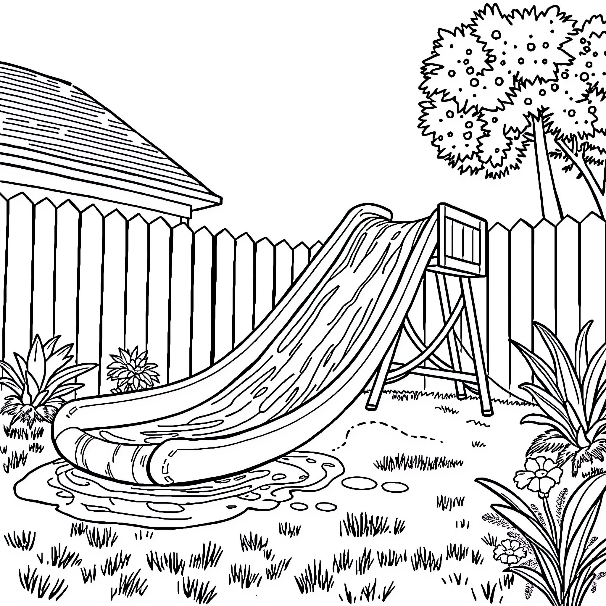 Waterslide in a lush backyard landscape Coloring Page (free black-and-white line drawing printable PDF for all, from beginners to advanced learners, including children, teens, adults, and seniors)