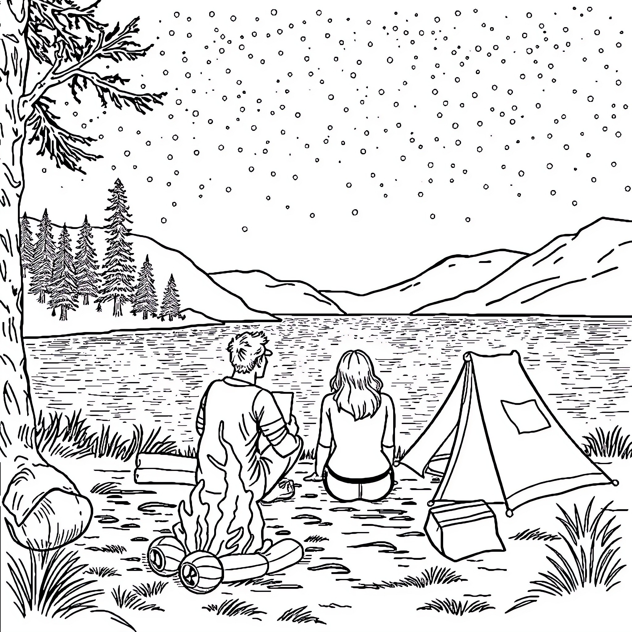 Camping in the Winter Wonderland Coloring Page (free black-and-white line drawing printable PDF for all, from beginners to advanced learners, including children, teens, adults, and seniors)