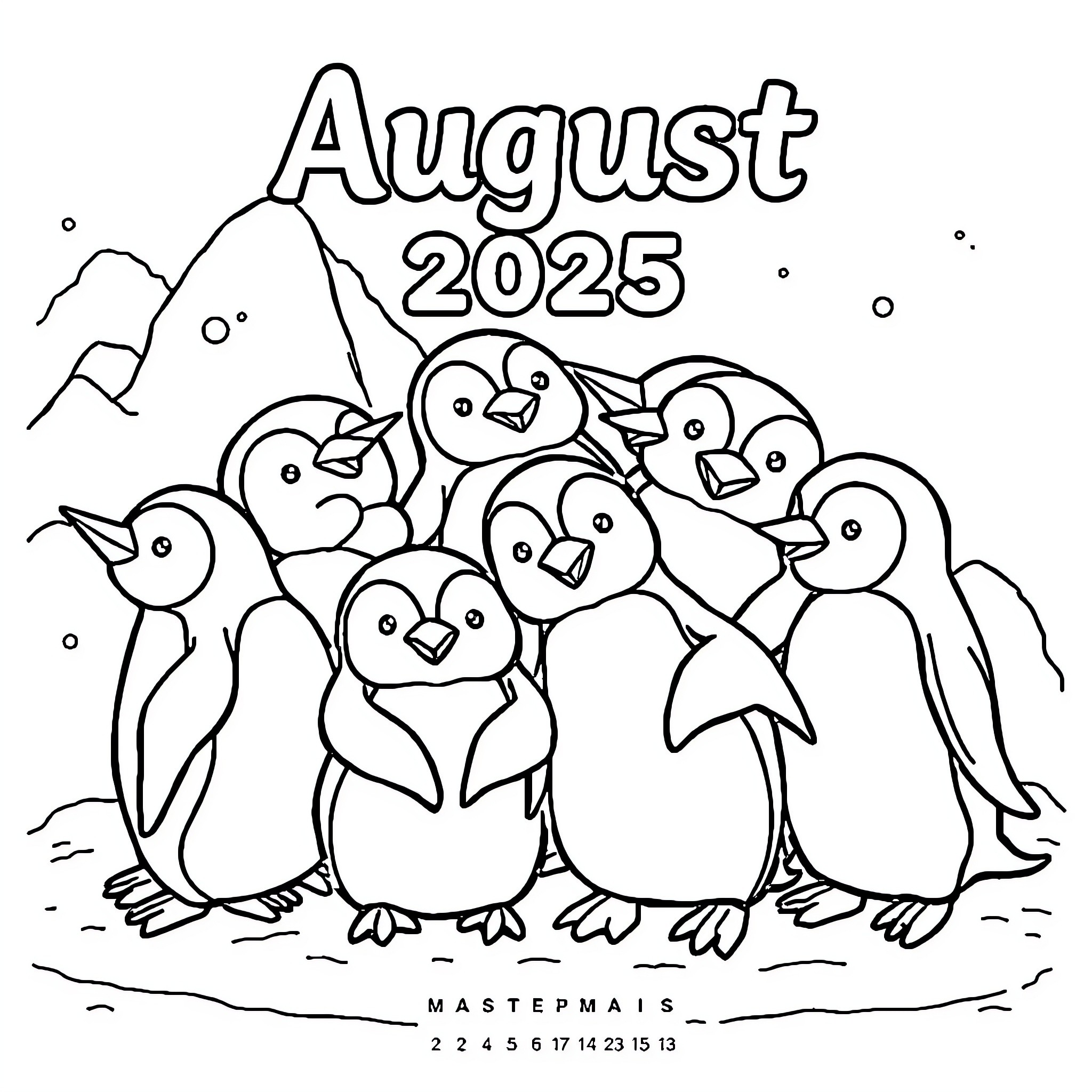 Penguins celebrating August 2025 together Coloring Page (free black-and-white line drawing printable PDF for all, from beginners to advanced learners, including children, teens, adults, and seniors)
