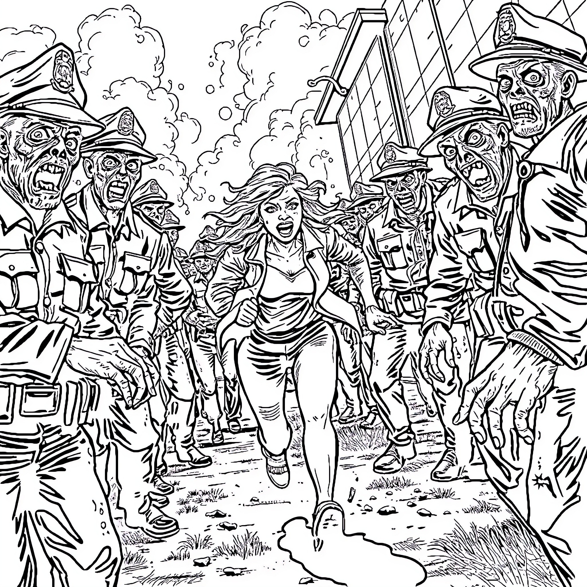 Lady escaping from a group of threatening figures Coloring Page (free black-and-white line drawing printable PDF for all, from beginners to advanced learners, including children, teens, adults, and seniors)