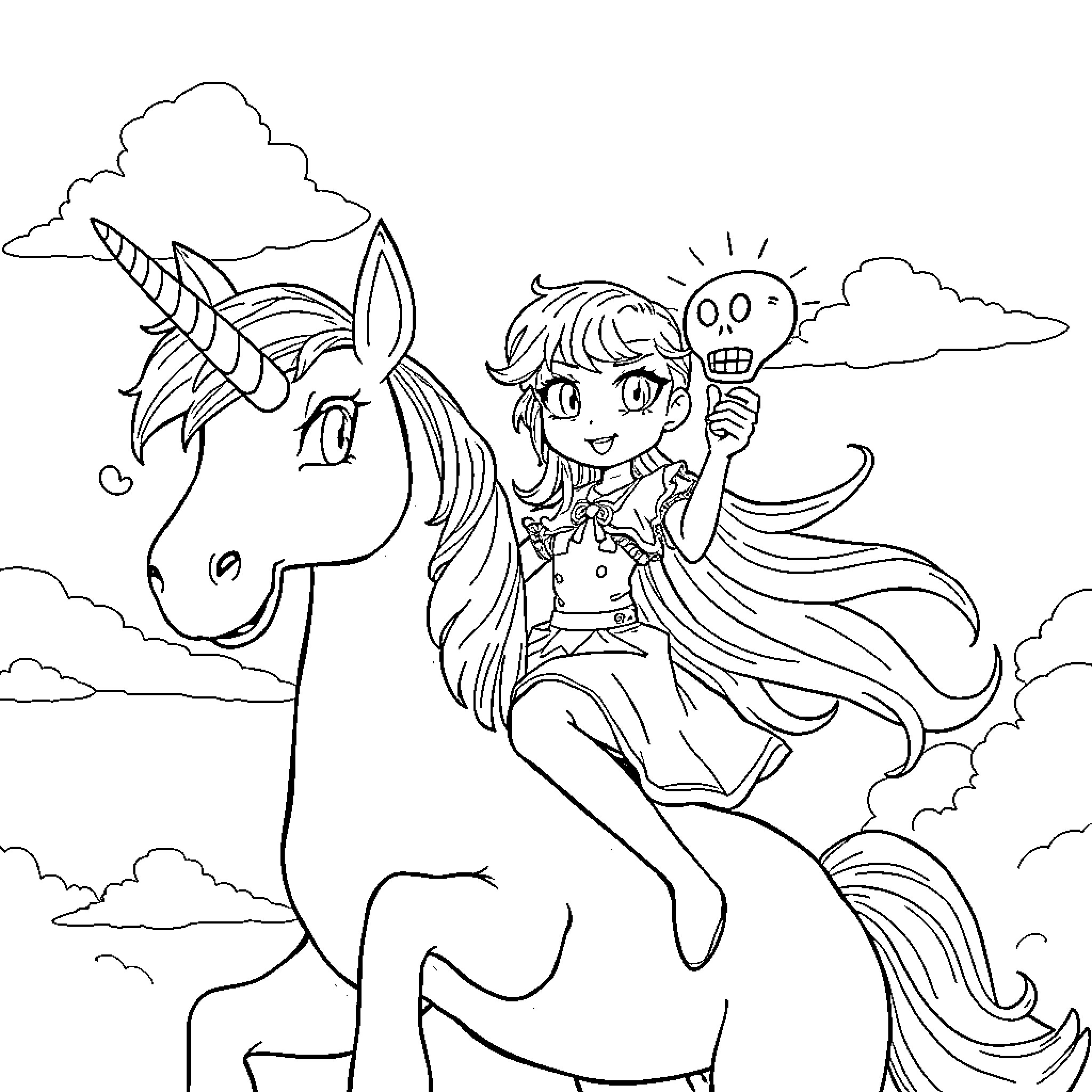 Kuromi riding a unicorn in a whimsical scene Coloring Page (free black-and-white line drawing printable PDF for all, from beginners to advanced learners, including children, teens, adults, and seniors)