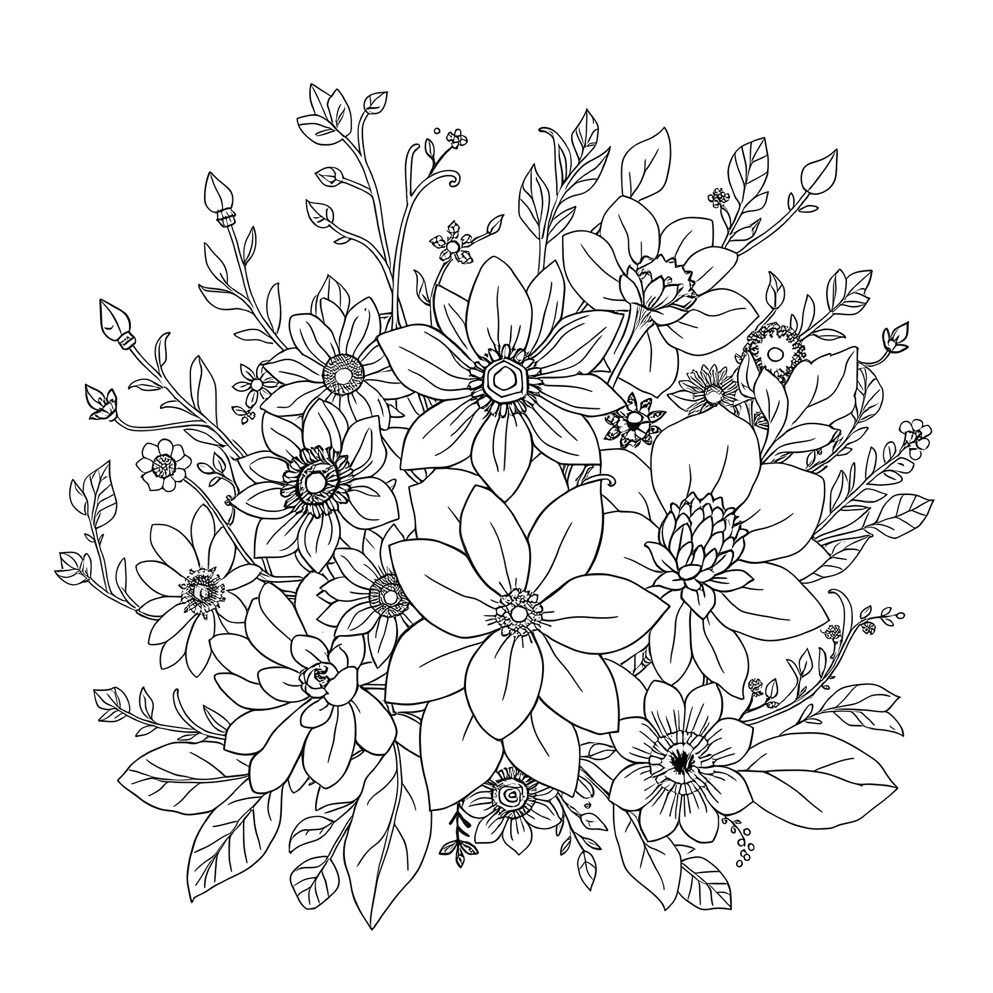 Flower bouquet with blooming floral arrangement Coloring Page (free black-and-white line drawing printable PDF for all, from beginners to advanced learners, including children, teens, adults, and seniors)
