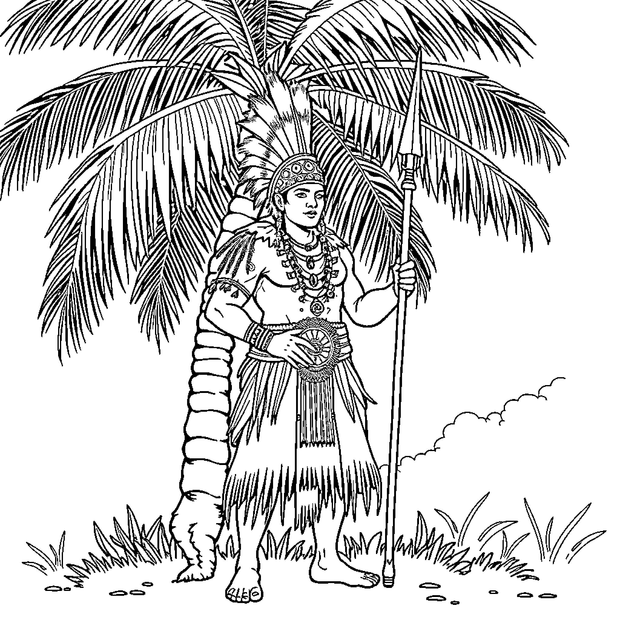 Taino Warrior Standing Tall Amidst Palm Trees Coloring Page (free black-and-white line drawing printable PDF for all, from beginners to advanced learners, including children, teens, adults, and seniors)