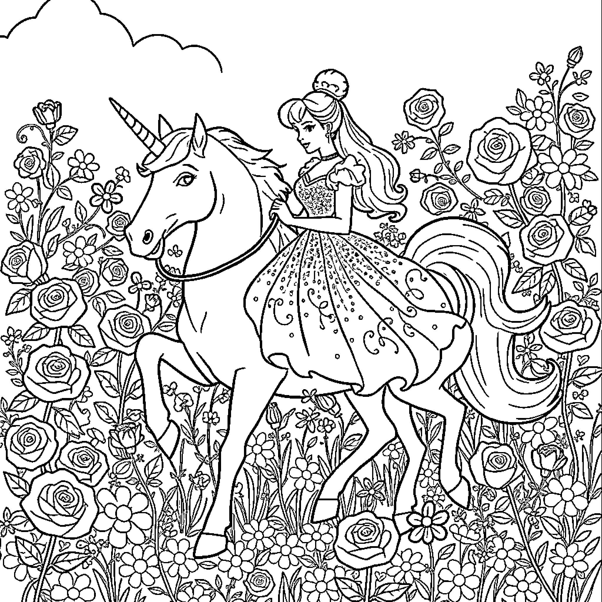 Cinderella riding a magical unicorn in a floral meadow Coloring Page (free black-and-white line drawing printable PDF for all, from beginners to advanced learners, including children, teens, adults, and seniors)
