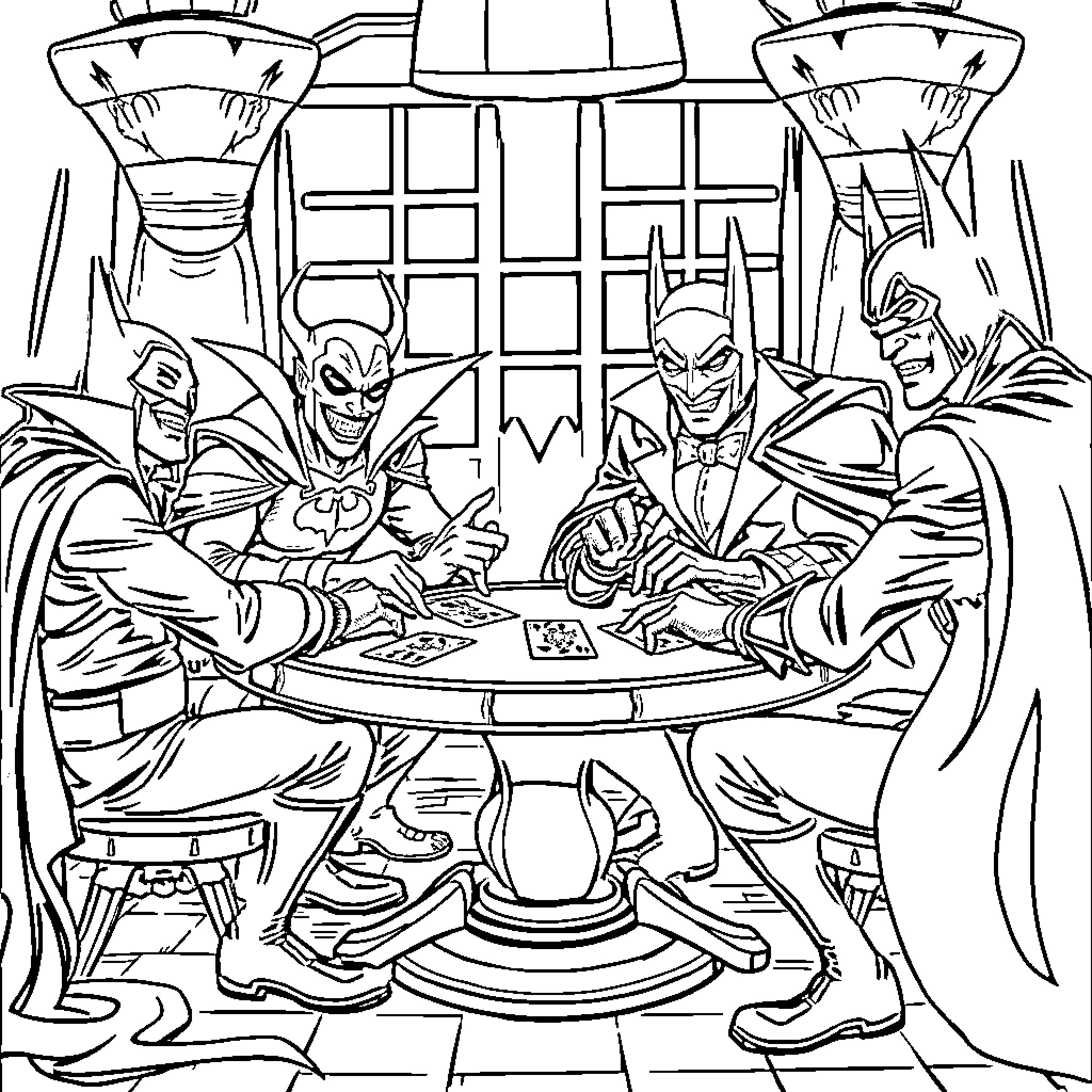 Batman Villains Gathered Around a Mysterious Table Coloring Page (free black-and-white line drawing printable PDF for all, from beginners to advanced learners, including children, teens, adults, and seniors)