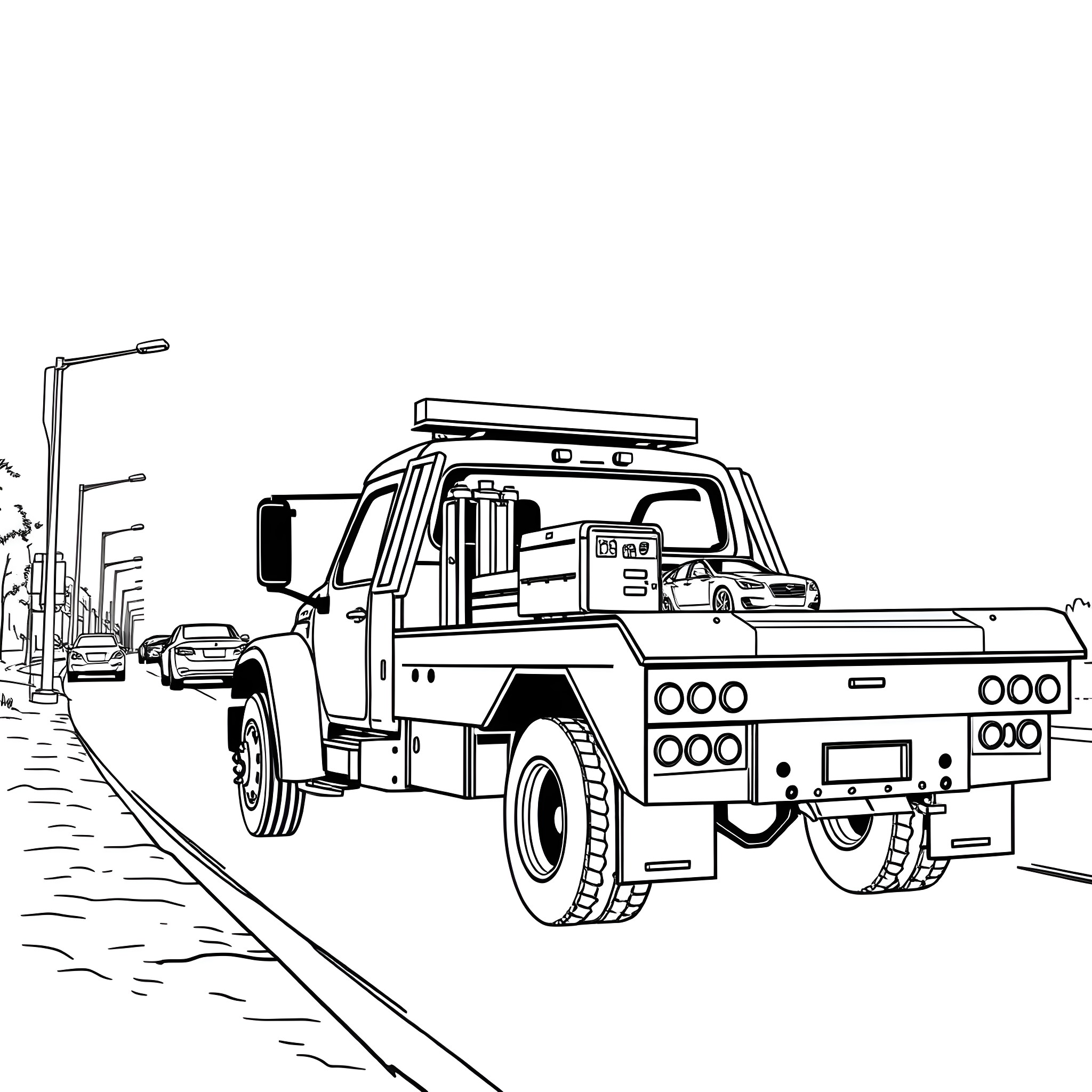 Wrecker Truck assisting disabled vehicle on the road Coloring Page (free black-and-white line drawing printable PDF for all, from beginners to advanced learners, including children, teens, adults, and seniors)