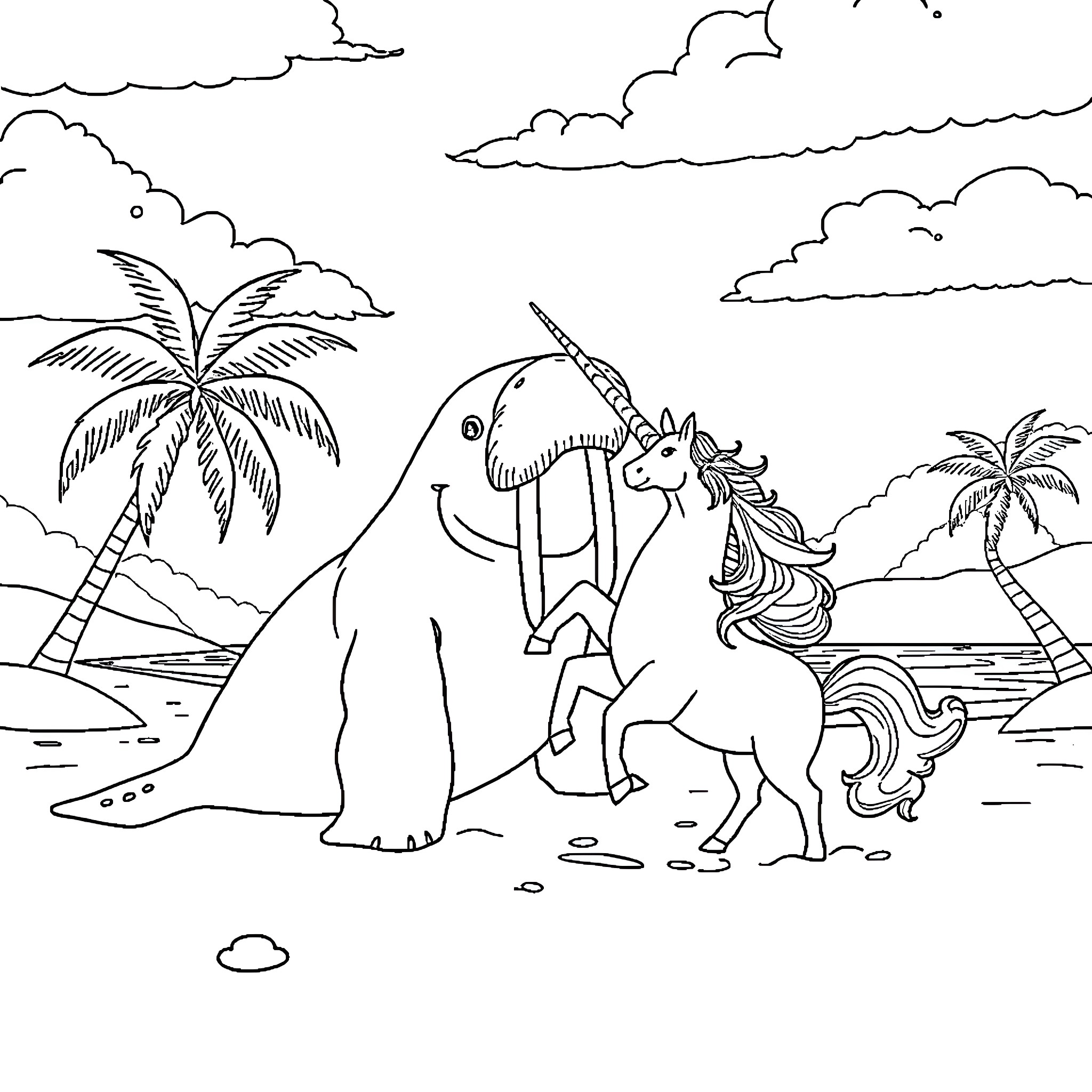Walrus and Unicorn Playing on a Tropical Beach Coloring Page (free black-and-white line drawing printable PDF for all, from beginners to advanced learners, including children, teens, adults, and seniors)