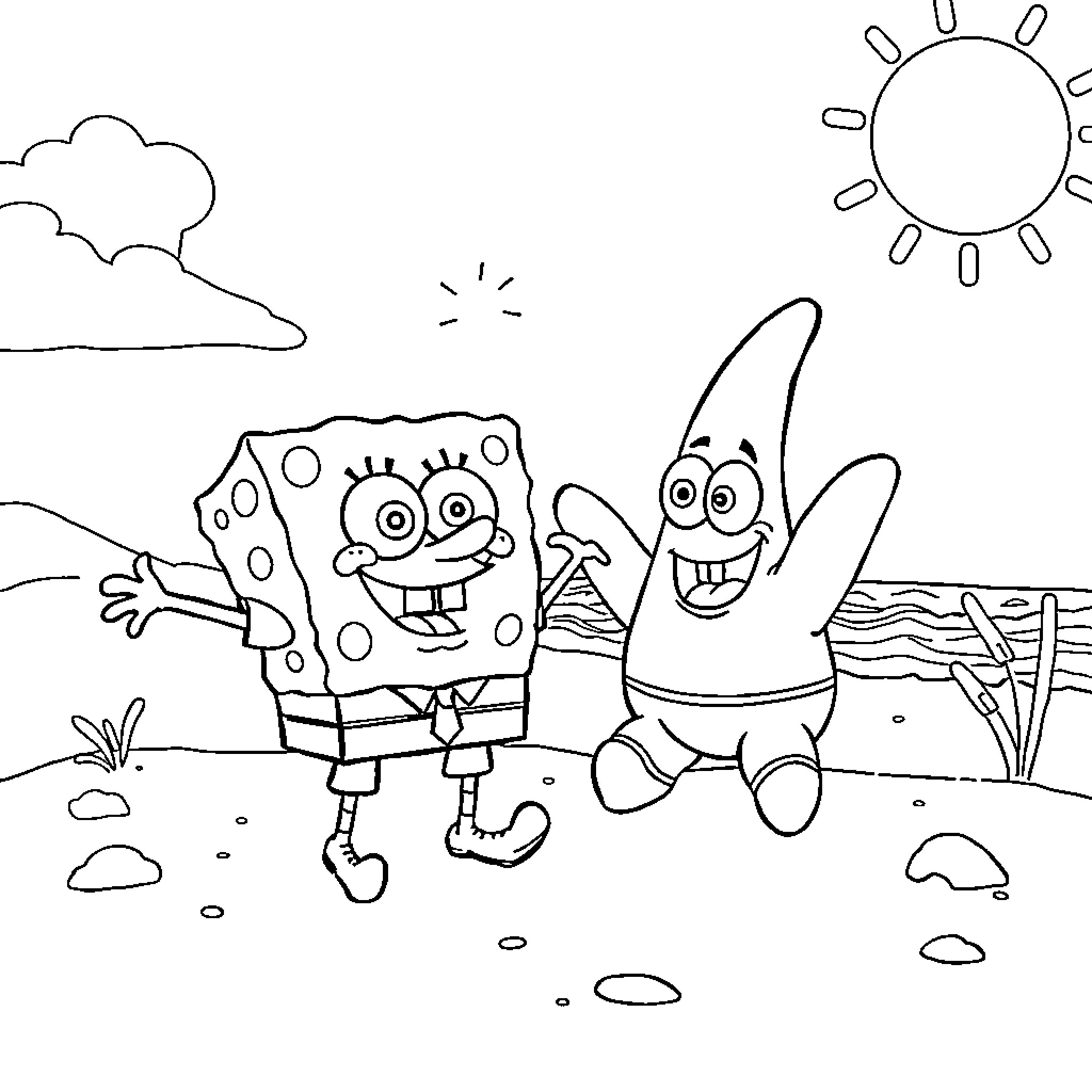 Spongebob and Patrick enjoying the sunny day Coloring Page (free black-and-white line drawing printable PDF for all, from beginners to advanced learners, including children, teens, adults, and seniors)
