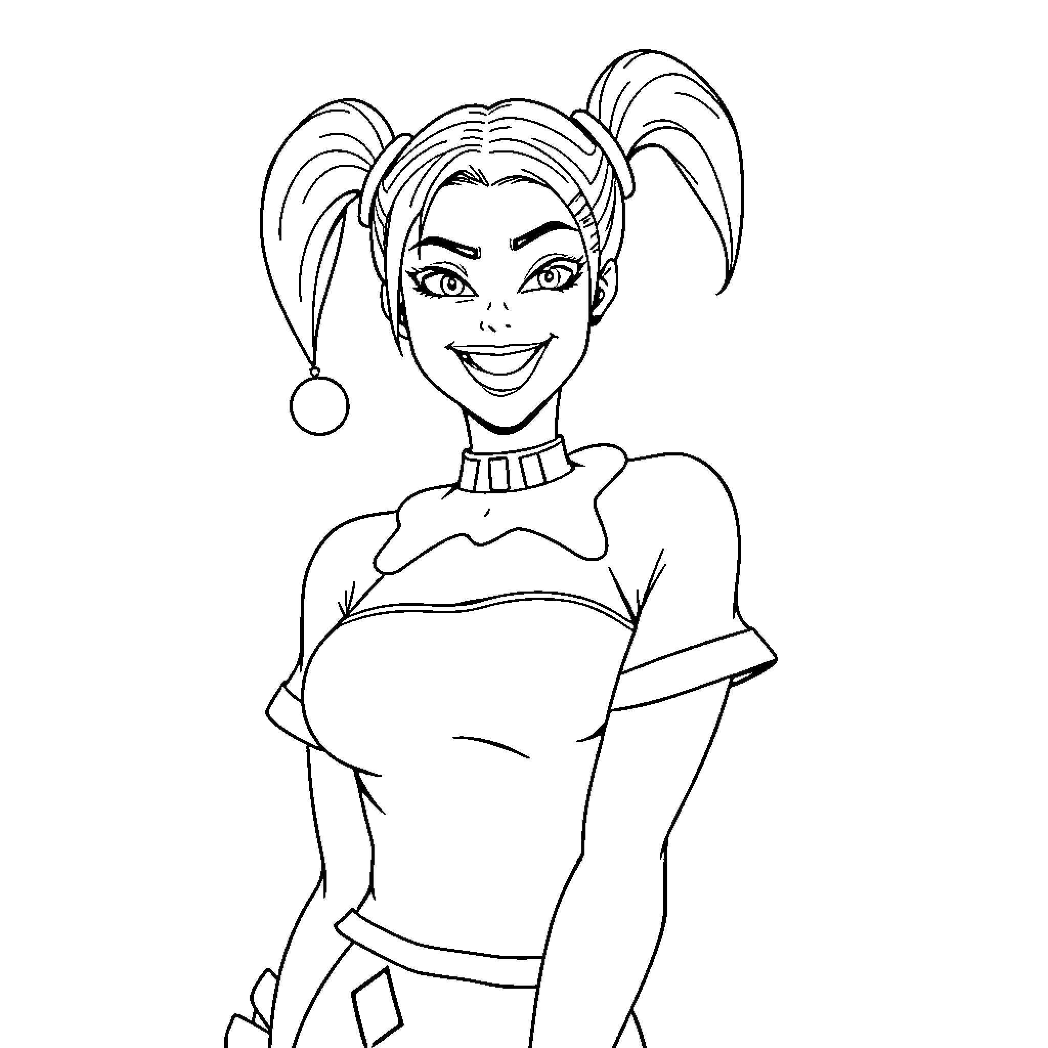 Harley Quinn's Mischievous Expression and Outfit Coloring Page (free black-and-white line drawing printable PDF for all, from beginners to advanced learners, including children, teens, adults, and seniors)