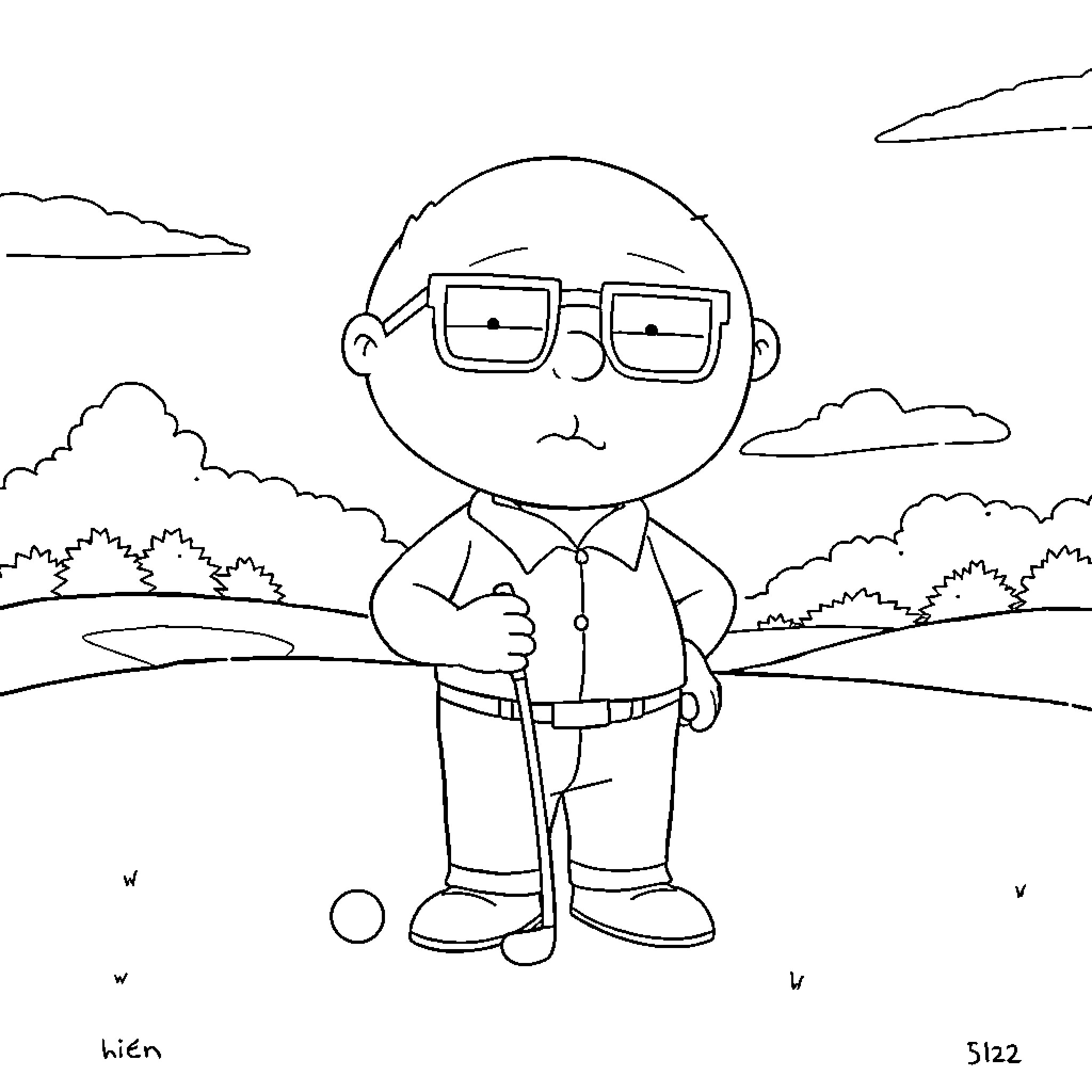Stewie Griffin enjoying a leisurely stroll in the countryside Coloring Page (free black-and-white line drawing printable PDF for all, from beginners to advanced learners, including children, teens, adults, and seniors)
