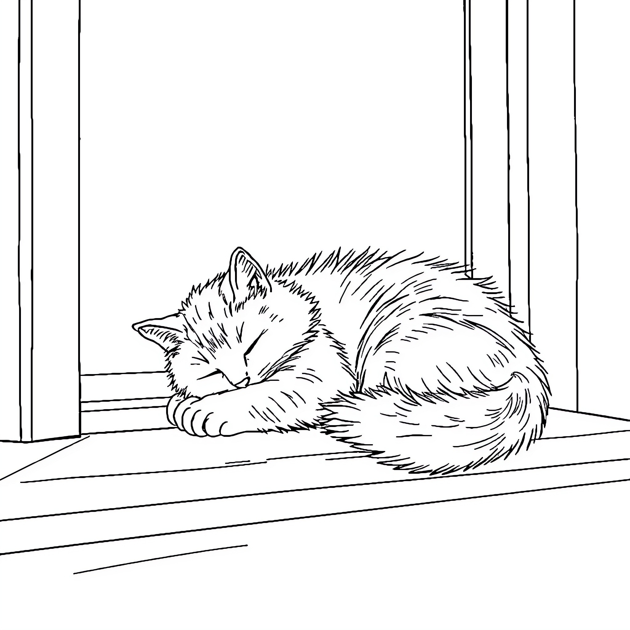 Cat sleeping peacefully on the windowsill Coloring Page (free black-and-white line drawing printable PDF for all, from beginners to advanced learners, including children, teens, adults, and seniors)