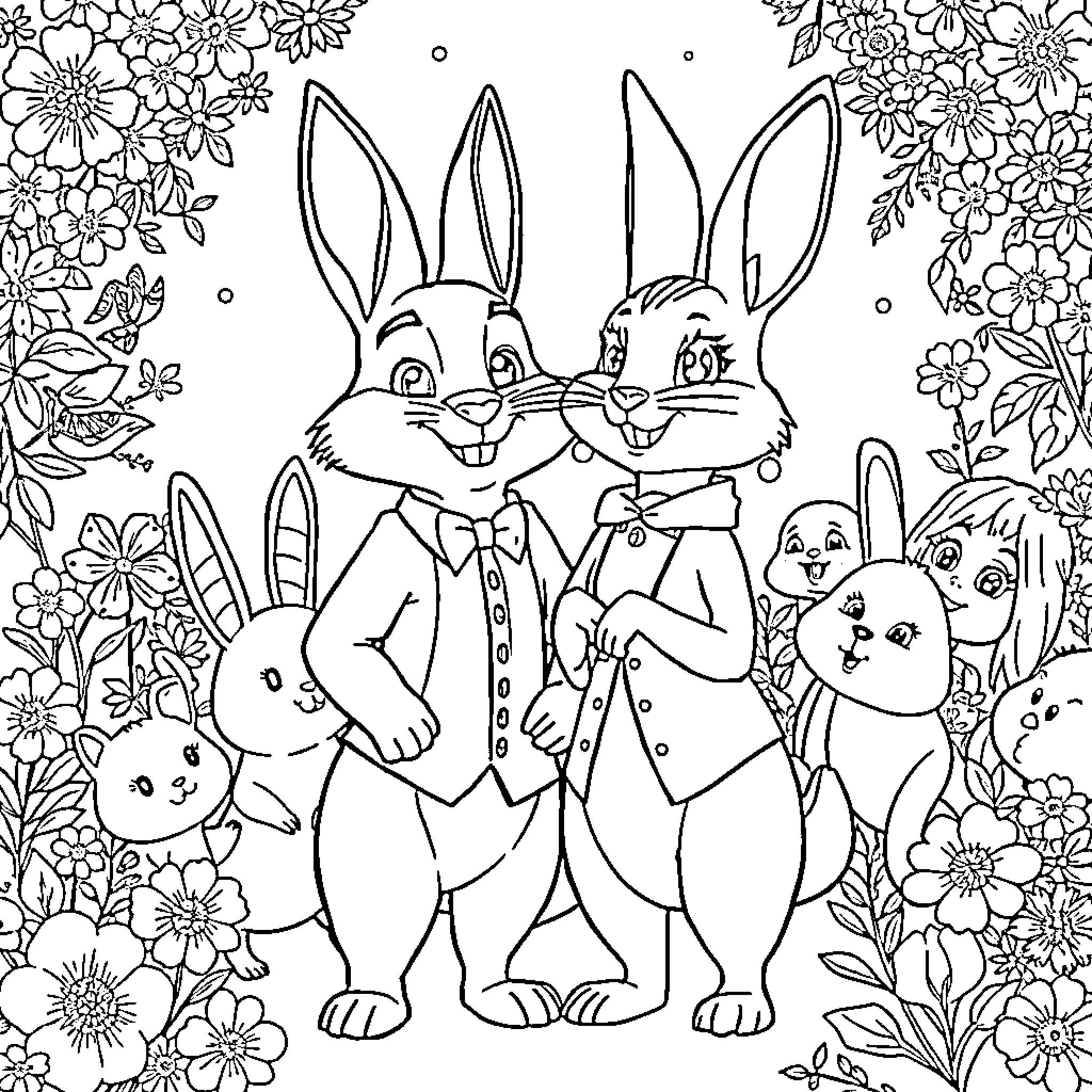 Nick and Judy in Floral Celebration Coloring Page (free black-and-white line drawing printable PDF for all, from beginners to advanced learners, including children, teens, adults, and seniors)